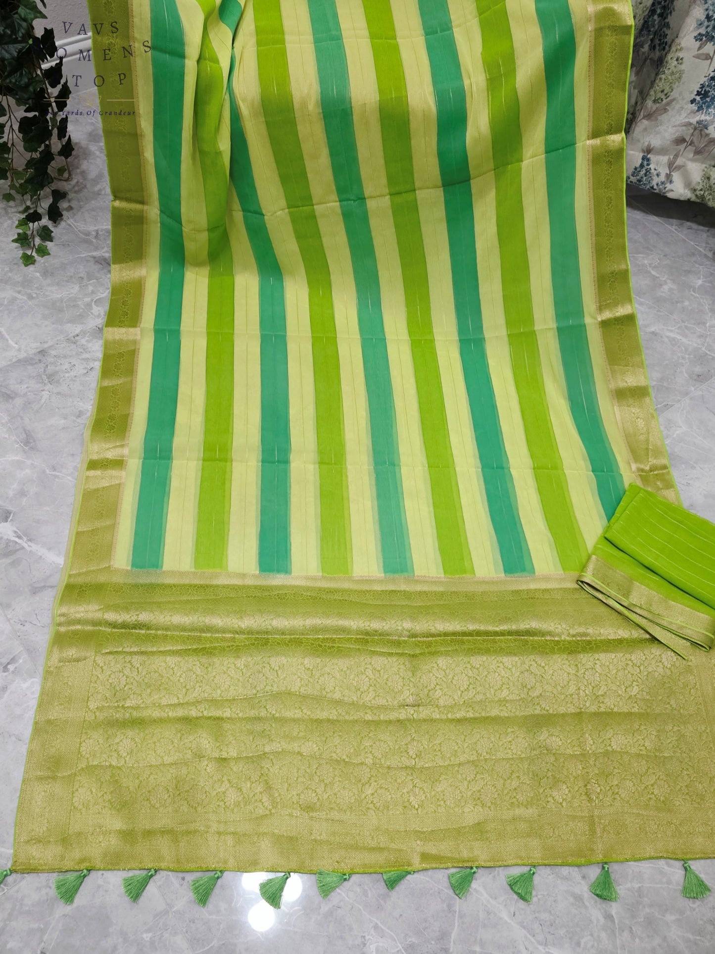Royal Pistachio Lime & Aqua Mint Leheriya Stripes Falling Chiffon Saree with Unstitched Blouse Piece