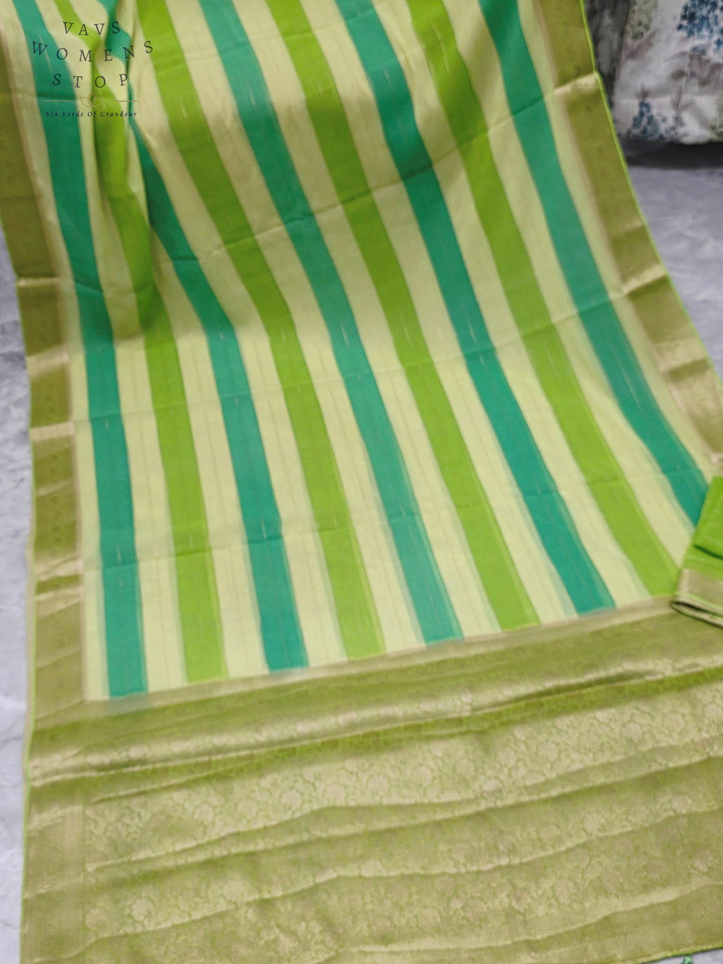 Royal Pistachio Lime & Aqua Mint Leheriya Stripes Falling Chiffon Saree with Unstitched Blouse Piece