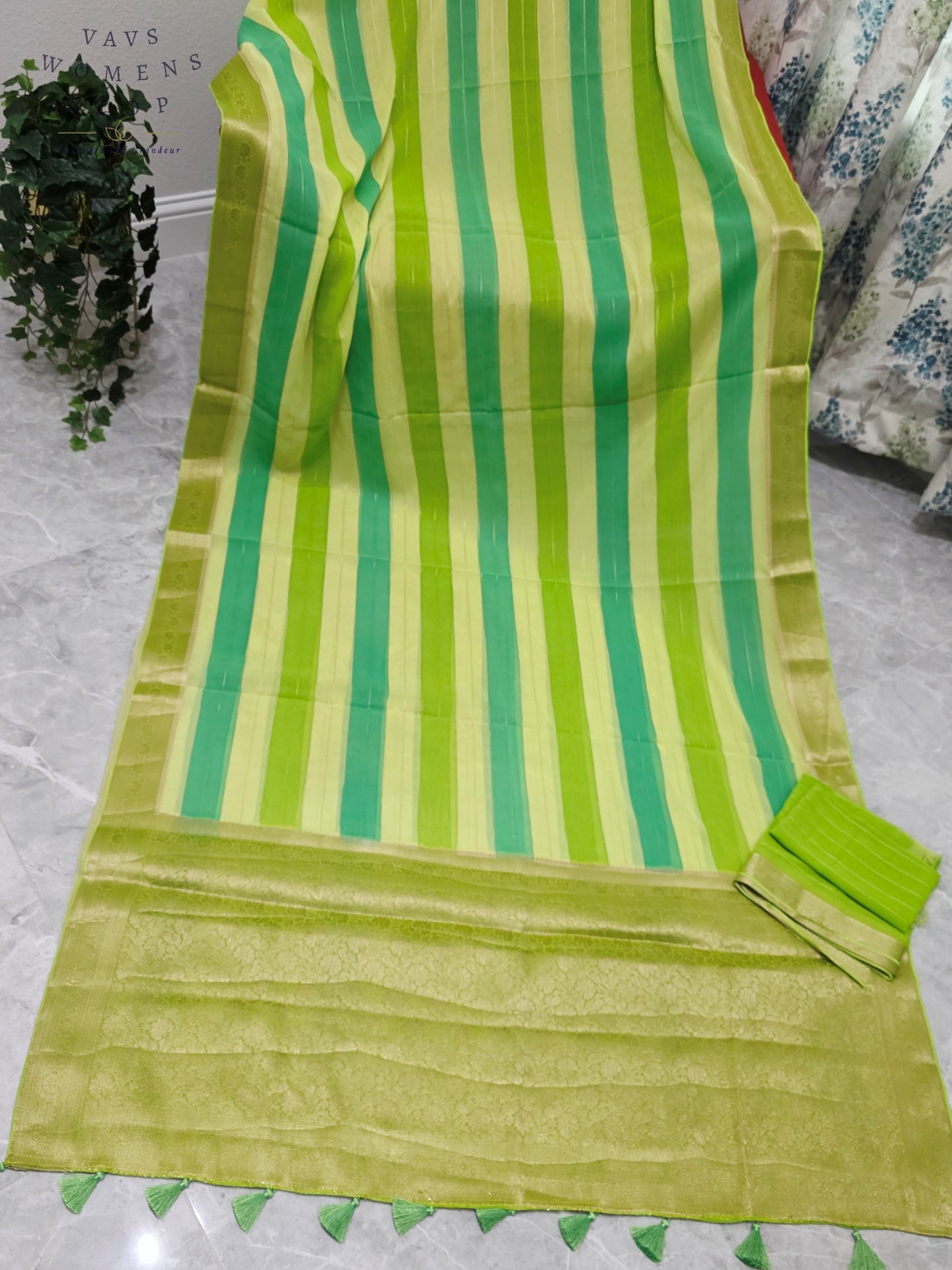 Royal Pistachio Lime & Aqua Mint Leheriya Stripes Falling Chiffon Saree with Unstitched Blouse Piece