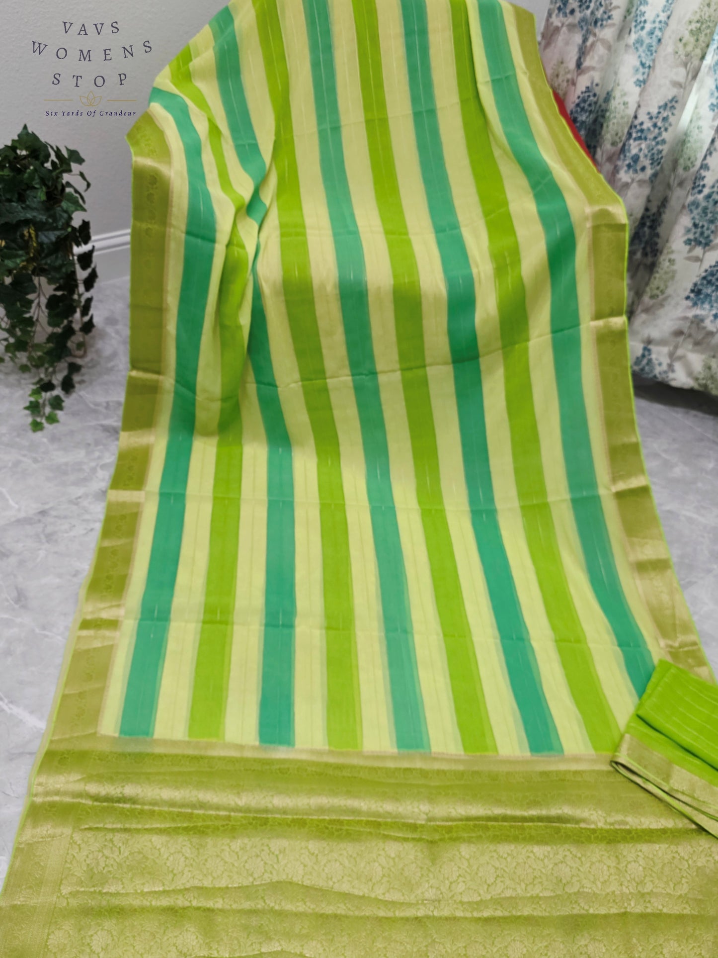 Royal Pistachio Lime & Aqua Mint Leheriya Stripes Falling Chiffon Saree with Unstitched Blouse Piece