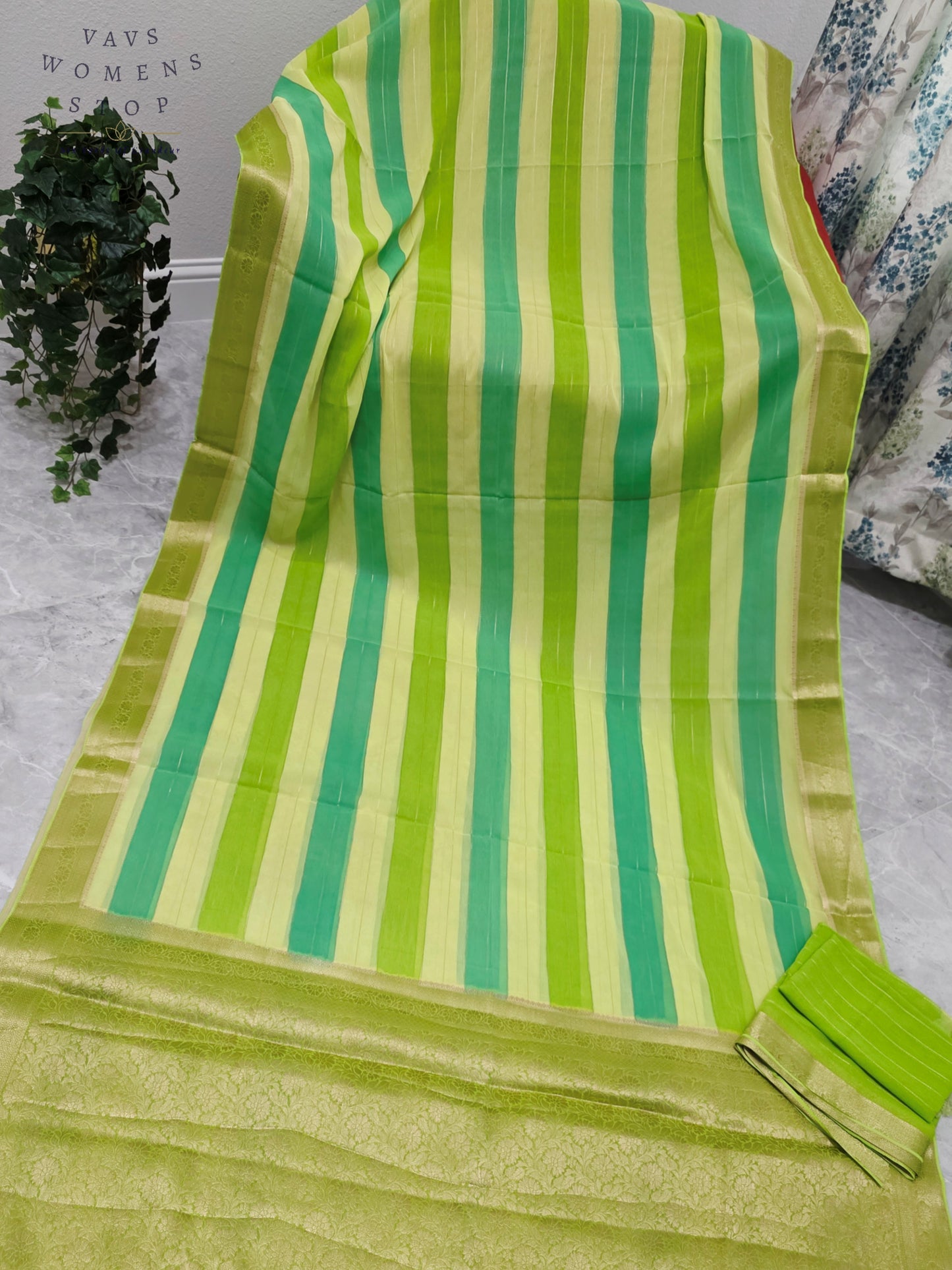 Royal Pistachio Lime & Aqua Mint Leheriya Stripes Falling Chiffon Saree with Unstitched Blouse Piece