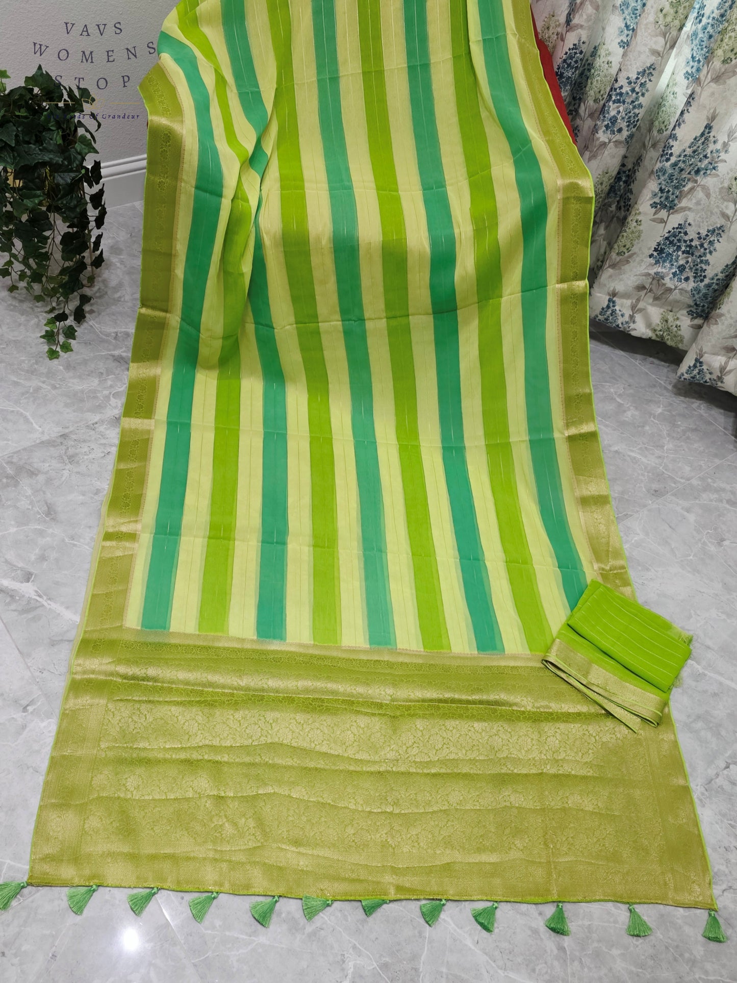Royal Pistachio Lime & Aqua Mint Leheriya Stripes Falling Chiffon Saree with Unstitched Blouse Piece