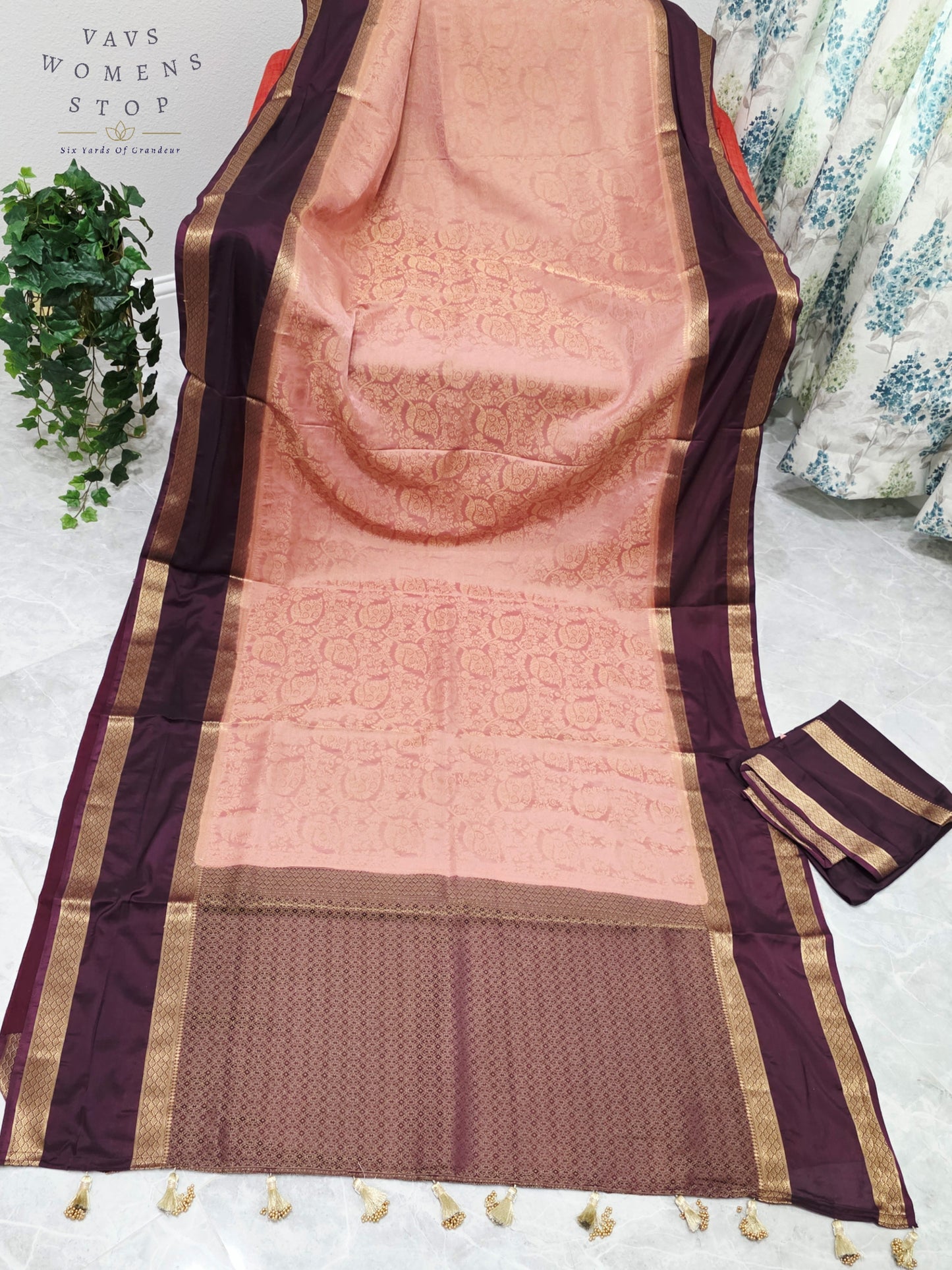 Royal Blush Peach & Imperial Aubergine Purple Semi Mysore Crepe Silk Saree with Gold Zari Border