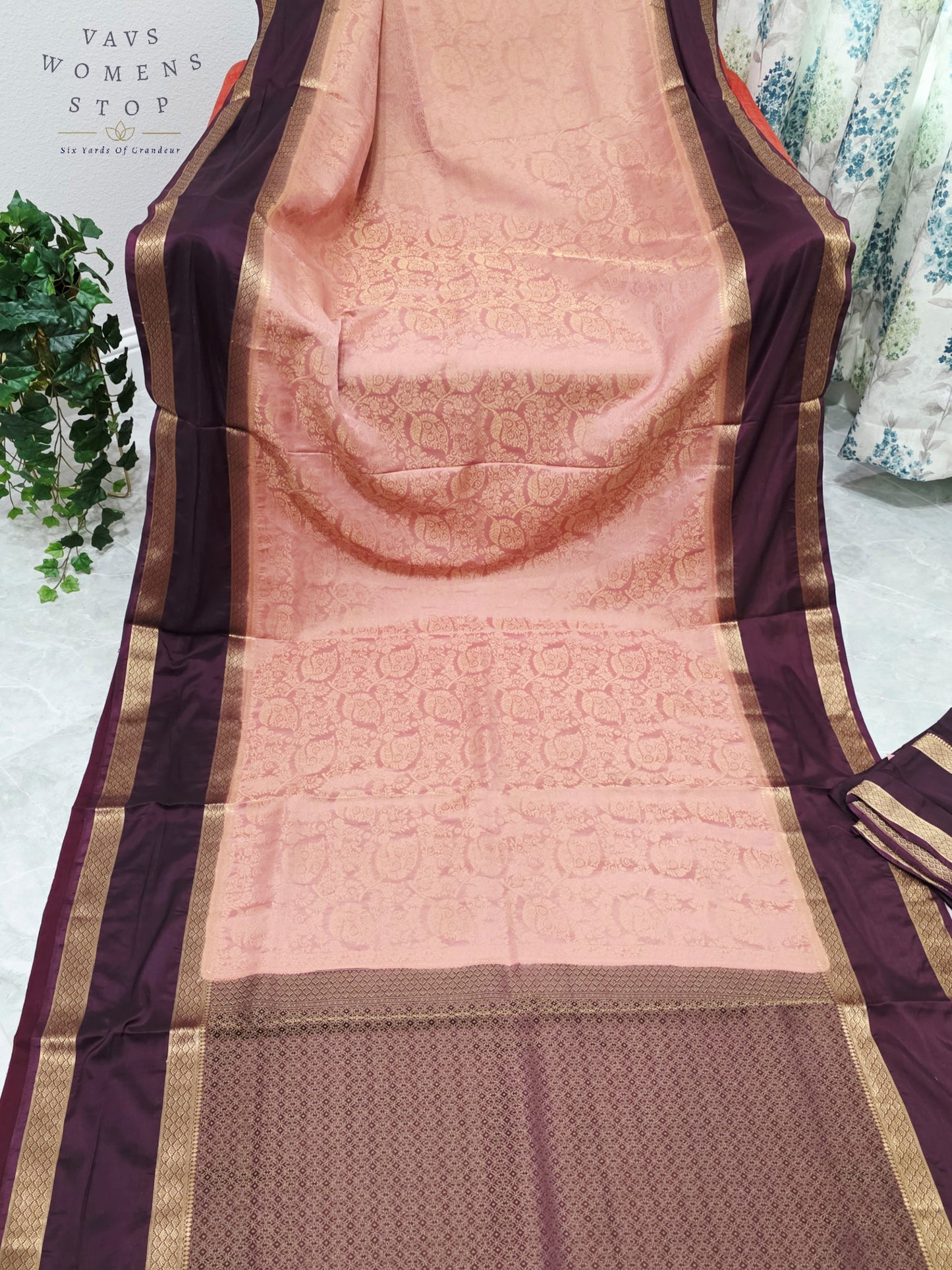 Royal Blush Peach & Imperial Aubergine Purple Semi Mysore Crepe Silk Saree with Gold Zari Border