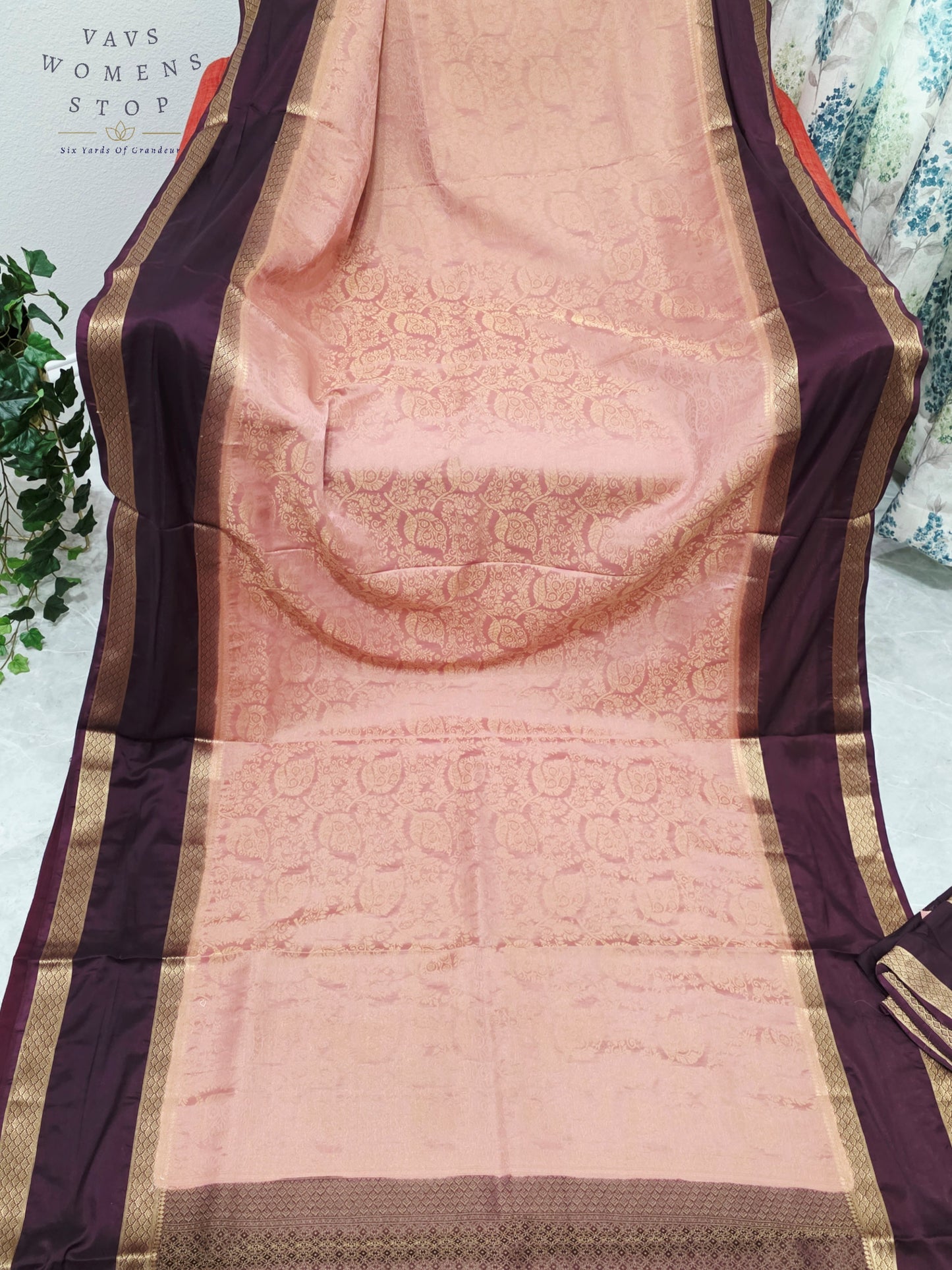 Royal Blush Peach & Imperial Aubergine Purple Semi Mysore Crepe Silk Saree with Gold Zari Border