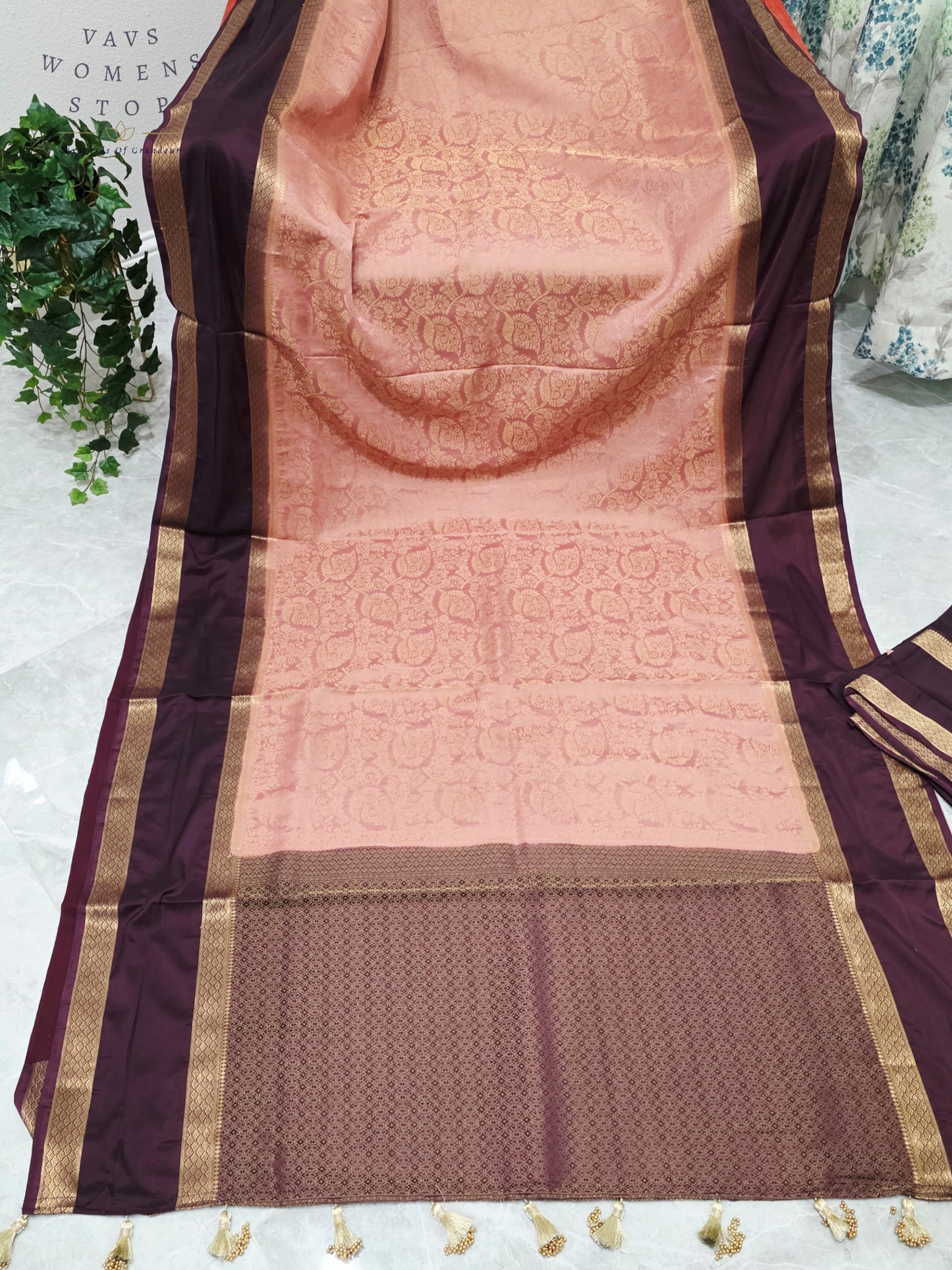 Royal Blush Peach & Imperial Aubergine Purple Semi Mysore Crepe Silk Saree with Gold Zari Border