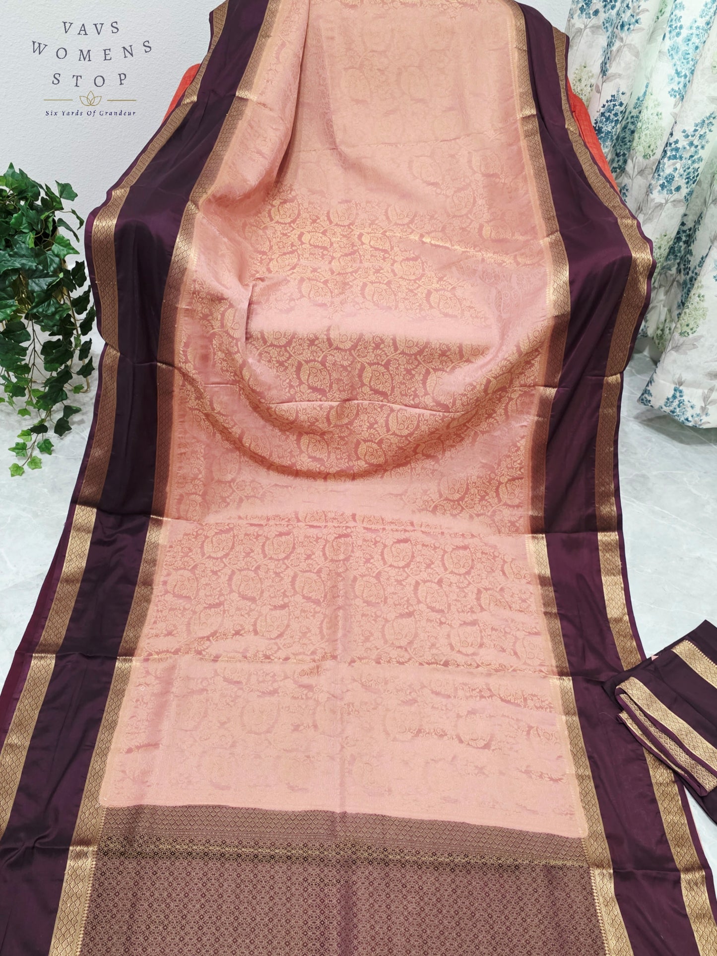 Royal Blush Peach & Imperial Aubergine Purple Semi Mysore Crepe Silk Saree with Gold Zari Border