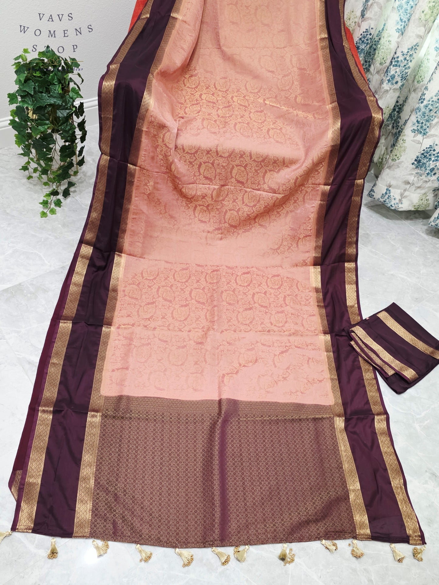 Royal Blush Peach & Imperial Aubergine Purple Semi Mysore Crepe Silk Saree with Gold Zari Border