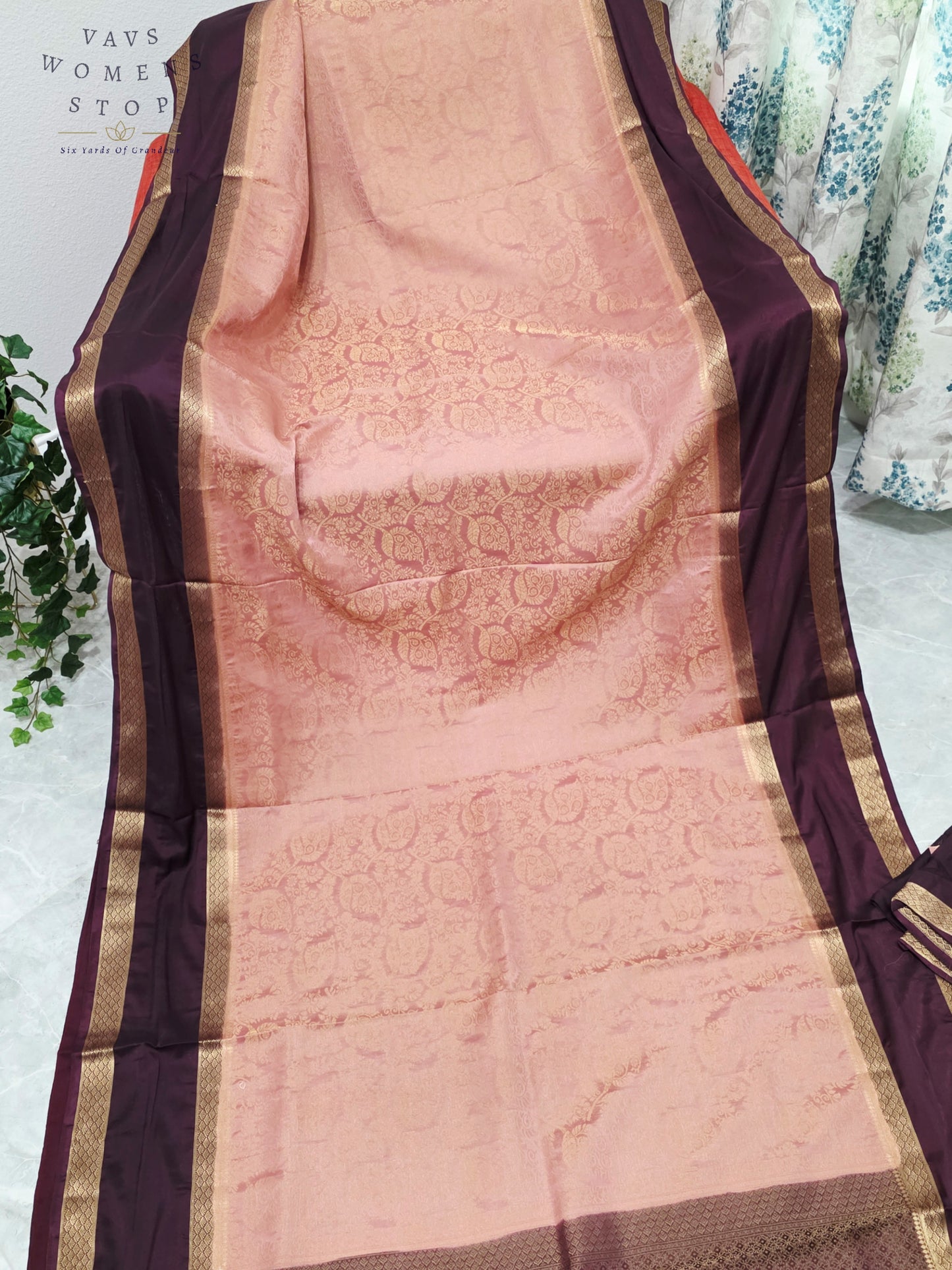Royal Blush Peach & Imperial Aubergine Purple Semi Mysore Crepe Silk Saree with Gold Zari Border