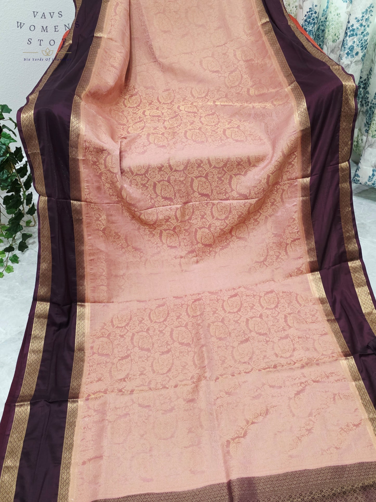 Royal Blush Peach & Imperial Aubergine Purple Semi Mysore Crepe Silk Saree with Gold Zari Border