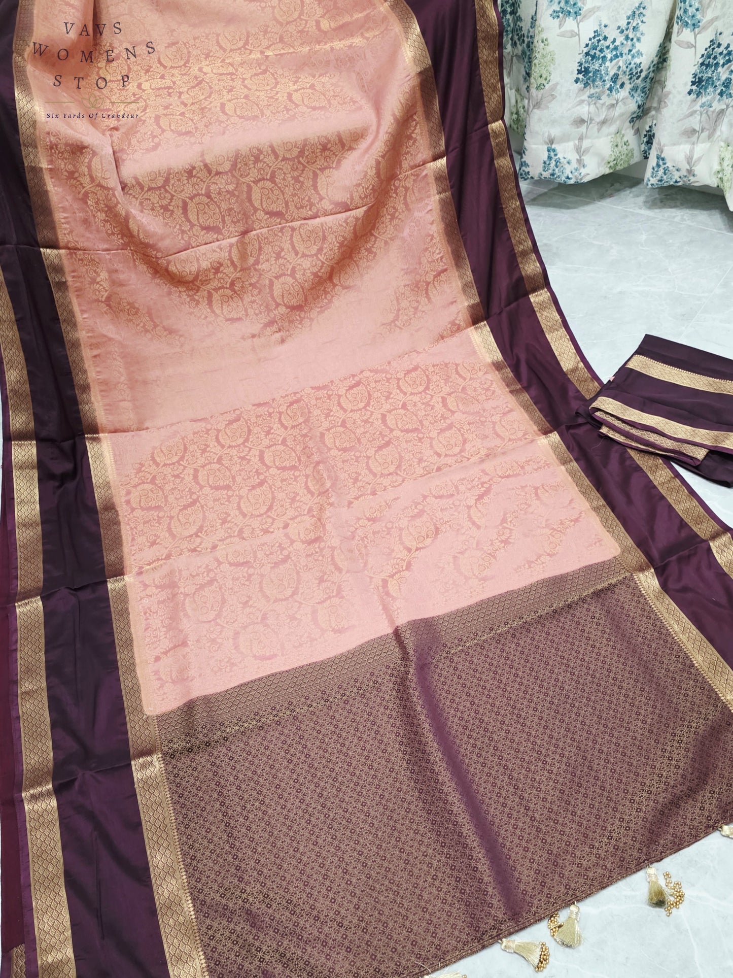 Royal Blush Peach & Imperial Aubergine Purple Semi Mysore Crepe Silk Saree with Gold Zari Border