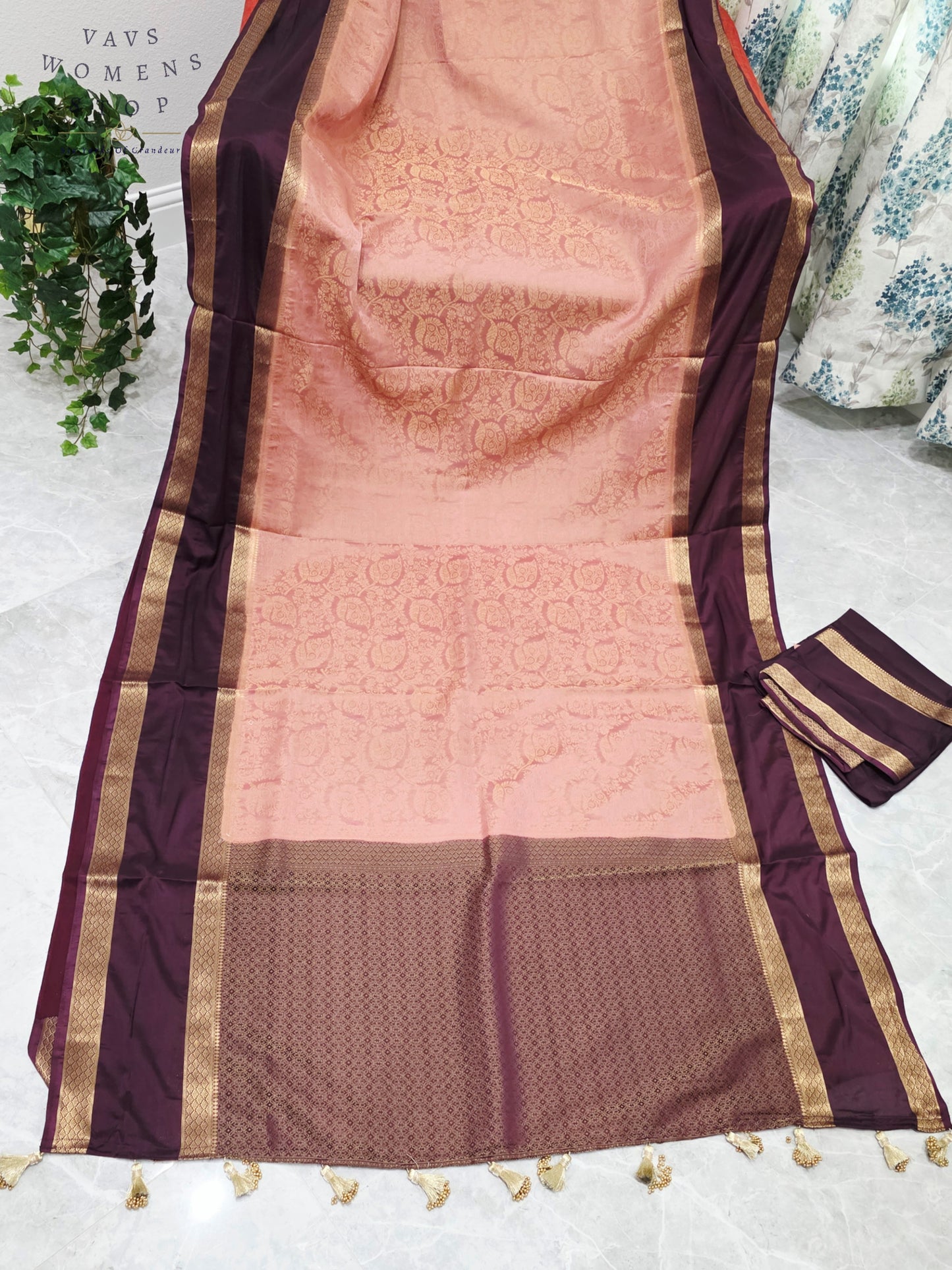 Royal Blush Peach & Imperial Aubergine Purple Semi Mysore Crepe Silk Saree with Gold Zari Border