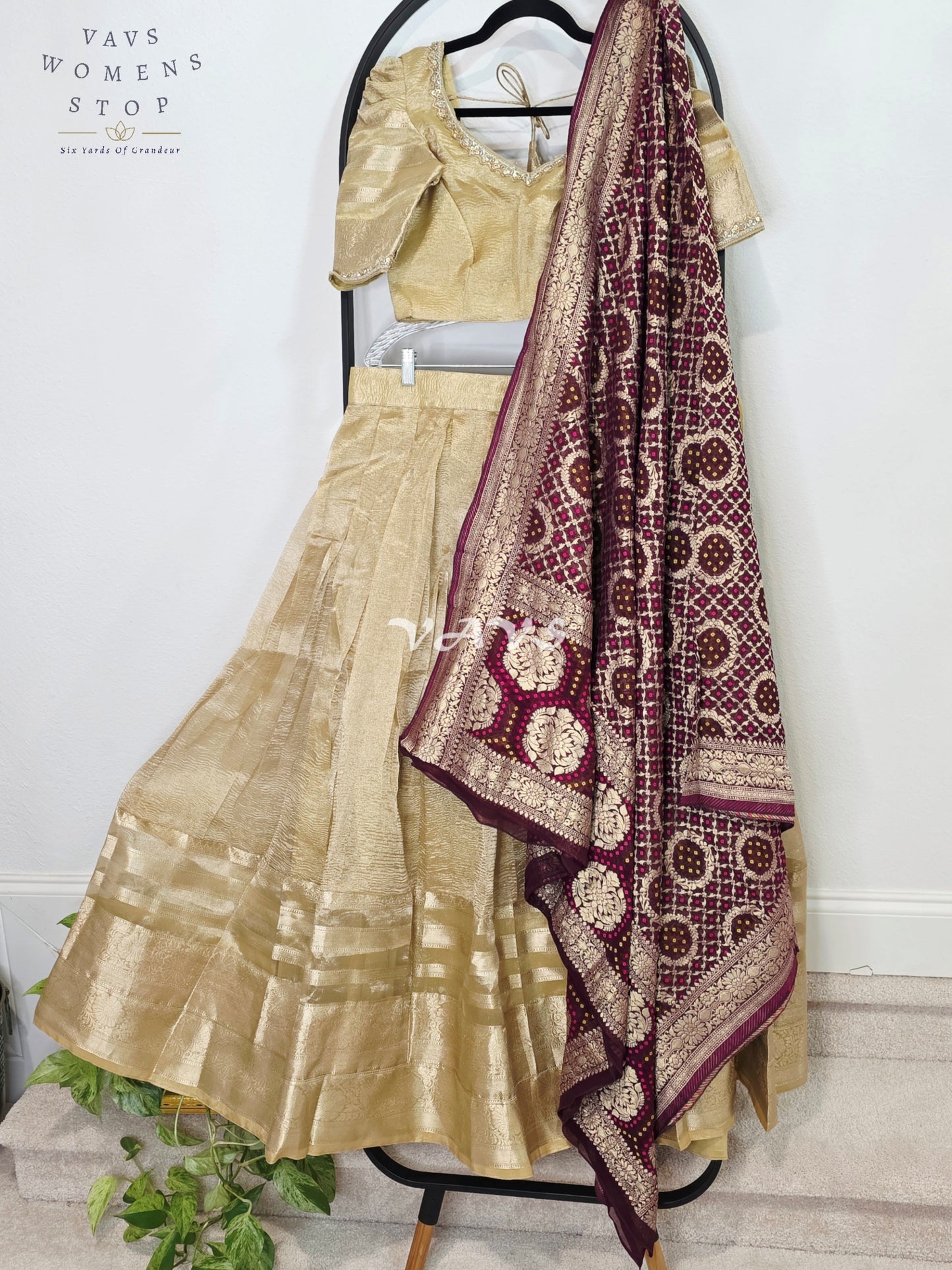 Royal Champagne Gold Tissue Banarasi Lehenga Set with Wine Bandhani Georgette Designer Dupatta