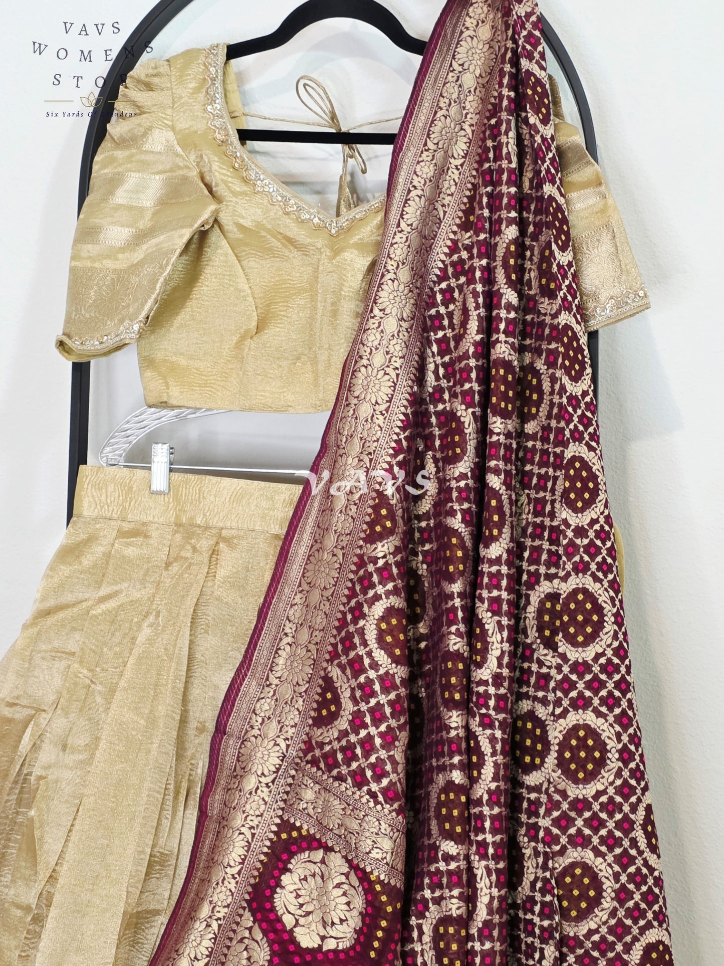 Royal Champagne Gold Tissue Banarasi Lehenga Set with Wine Bandhani Georgette Designer Dupatta
