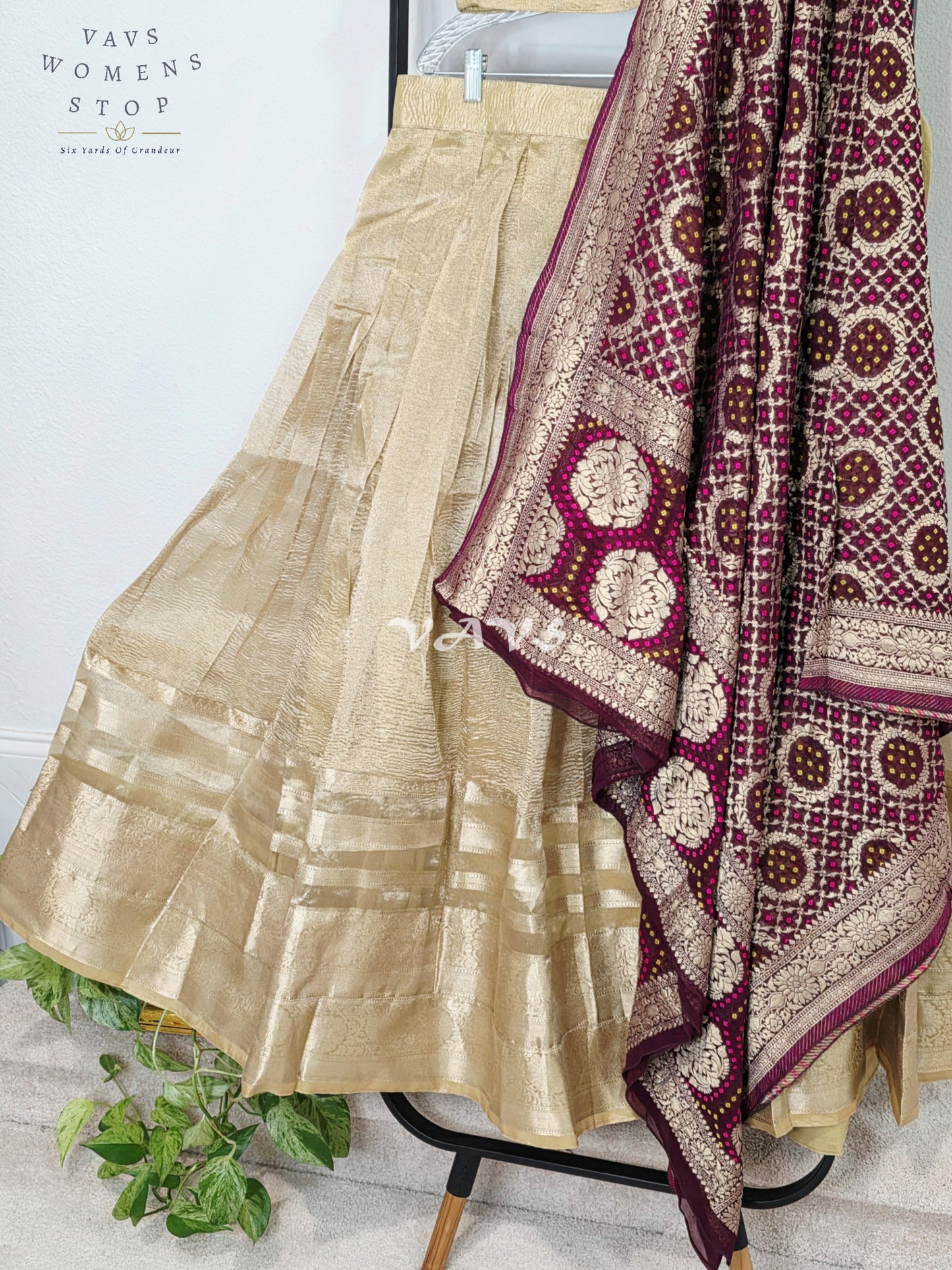 Royal Champagne Gold Tissue Banarasi Lehenga Set with Wine Bandhani Georgette Designer Dupatta