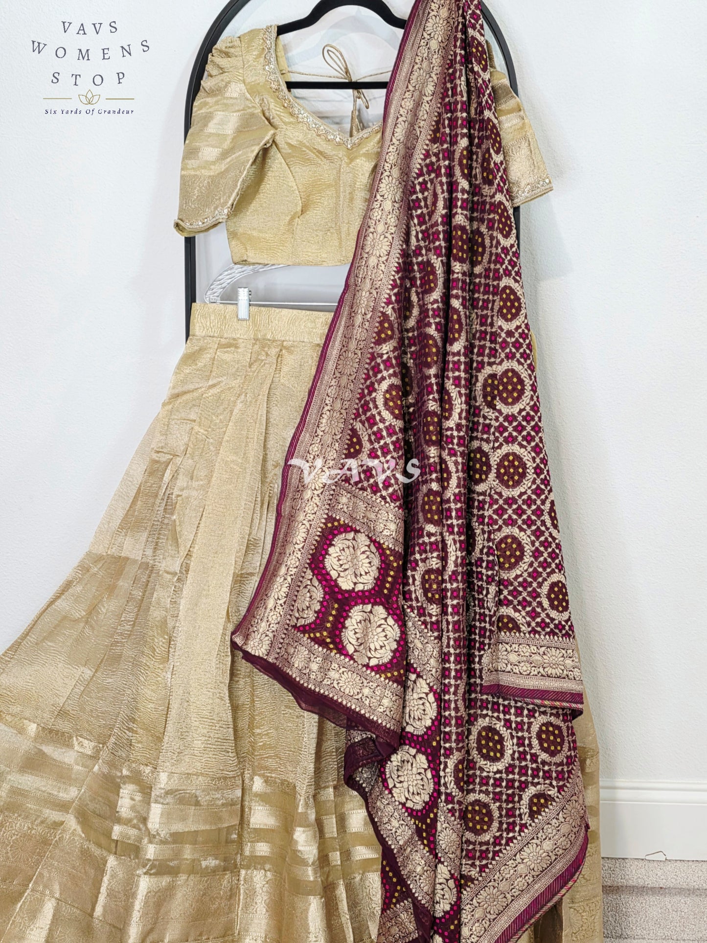 Royal Champagne Gold Tissue Banarasi Lehenga Set with Wine Bandhani Georgette Designer Dupatta