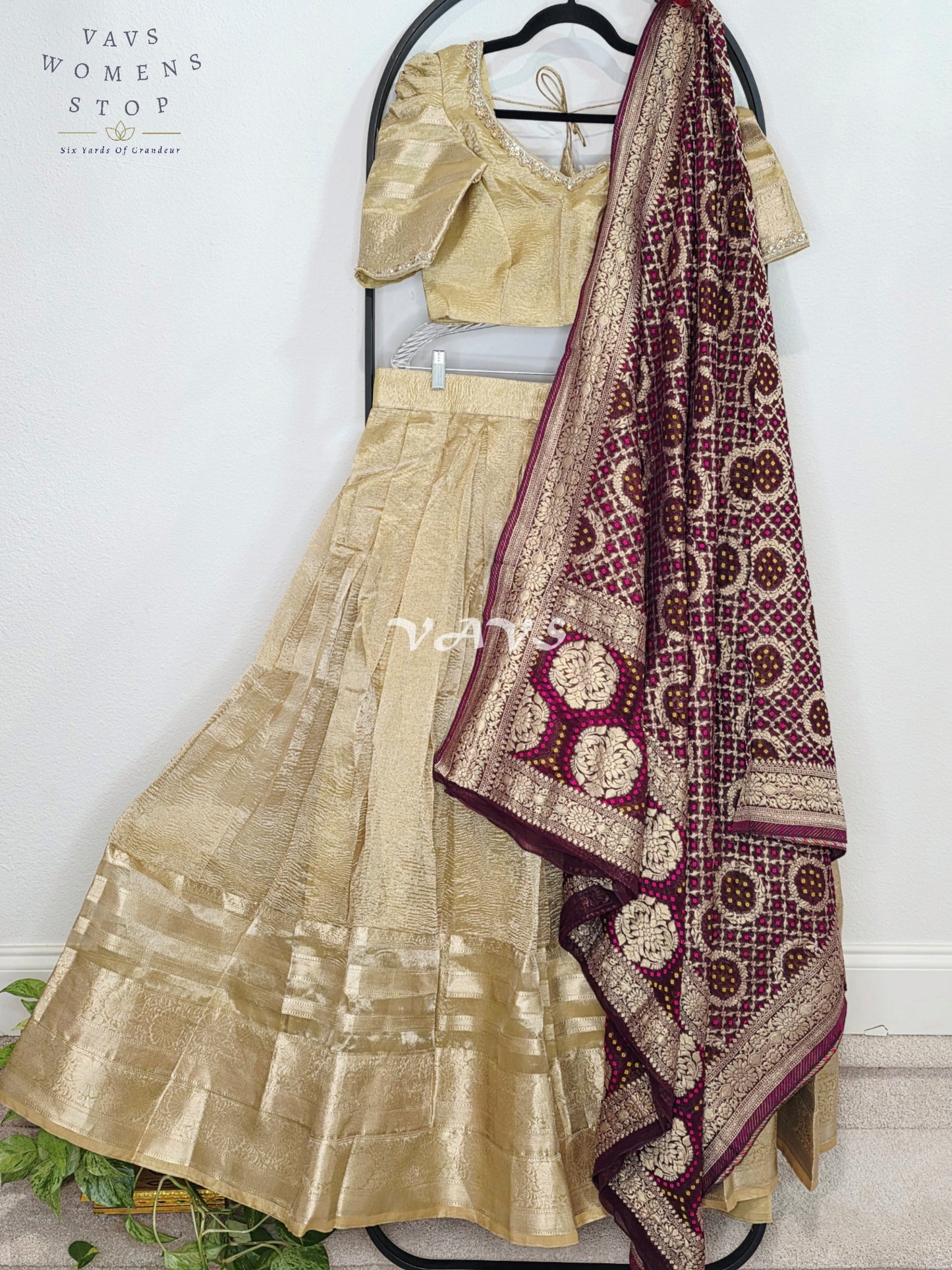 Royal Champagne Gold Tissue Banarasi Lehenga Set with Wine Bandhani Georgette Designer Dupatta