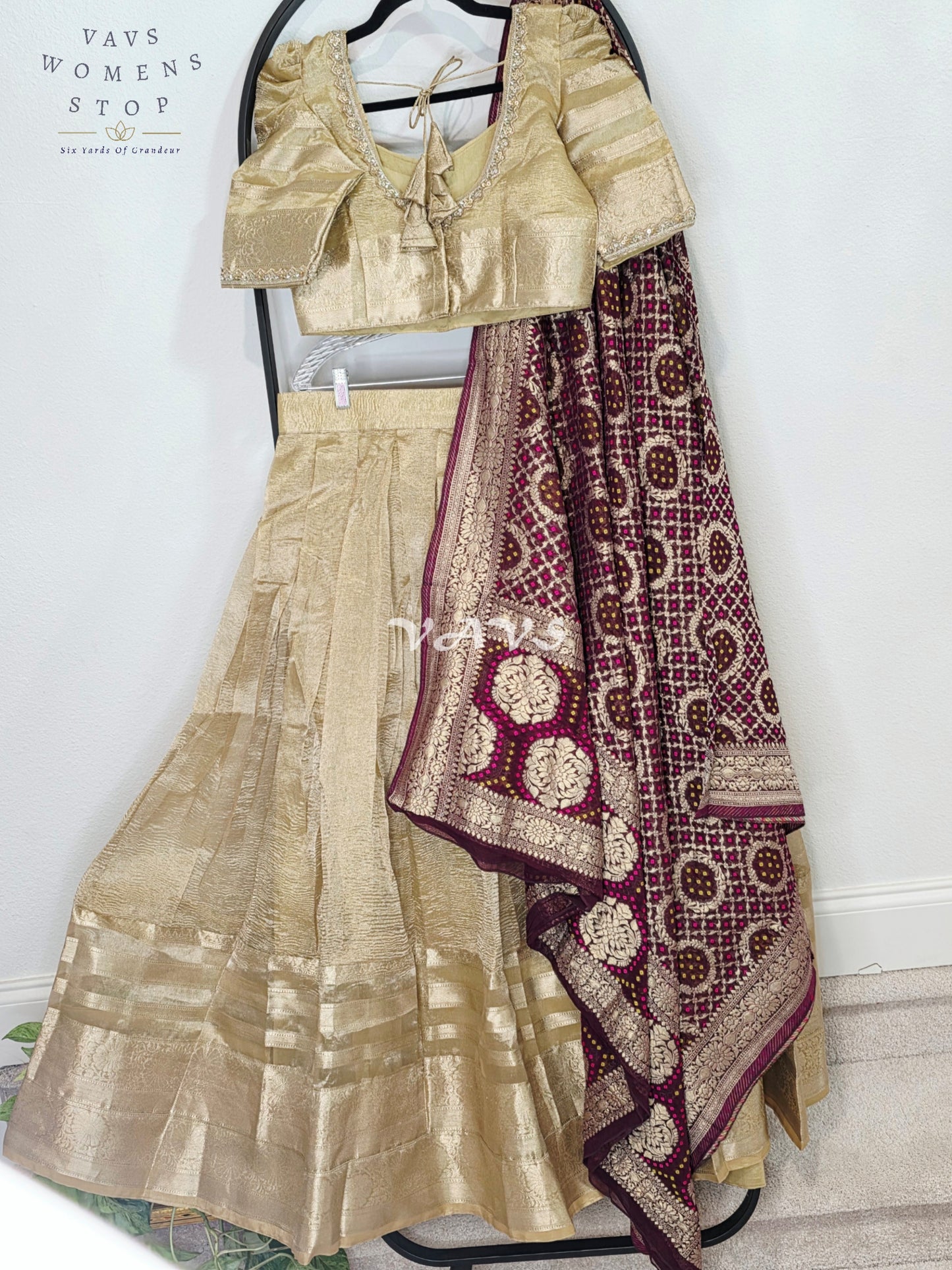 Royal Champagne Gold Tissue Banarasi Lehenga Set with Wine Bandhani Georgette Designer Dupatta