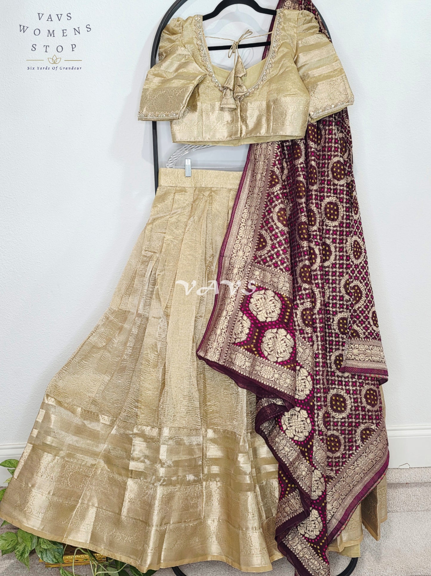 Royal Champagne Gold Tissue Banarasi Lehenga Set with Wine Bandhani Georgette Designer Dupatta