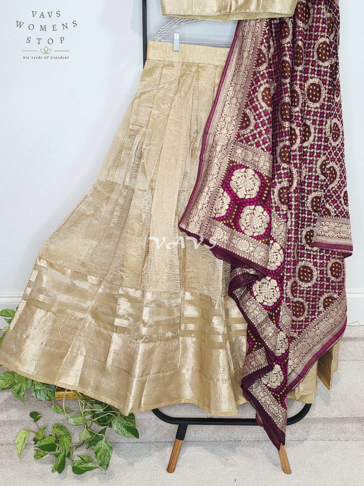 Royal Champagne Gold Tissue Banarasi Lehenga Set with Wine Bandhani Georgette Designer Dupatta