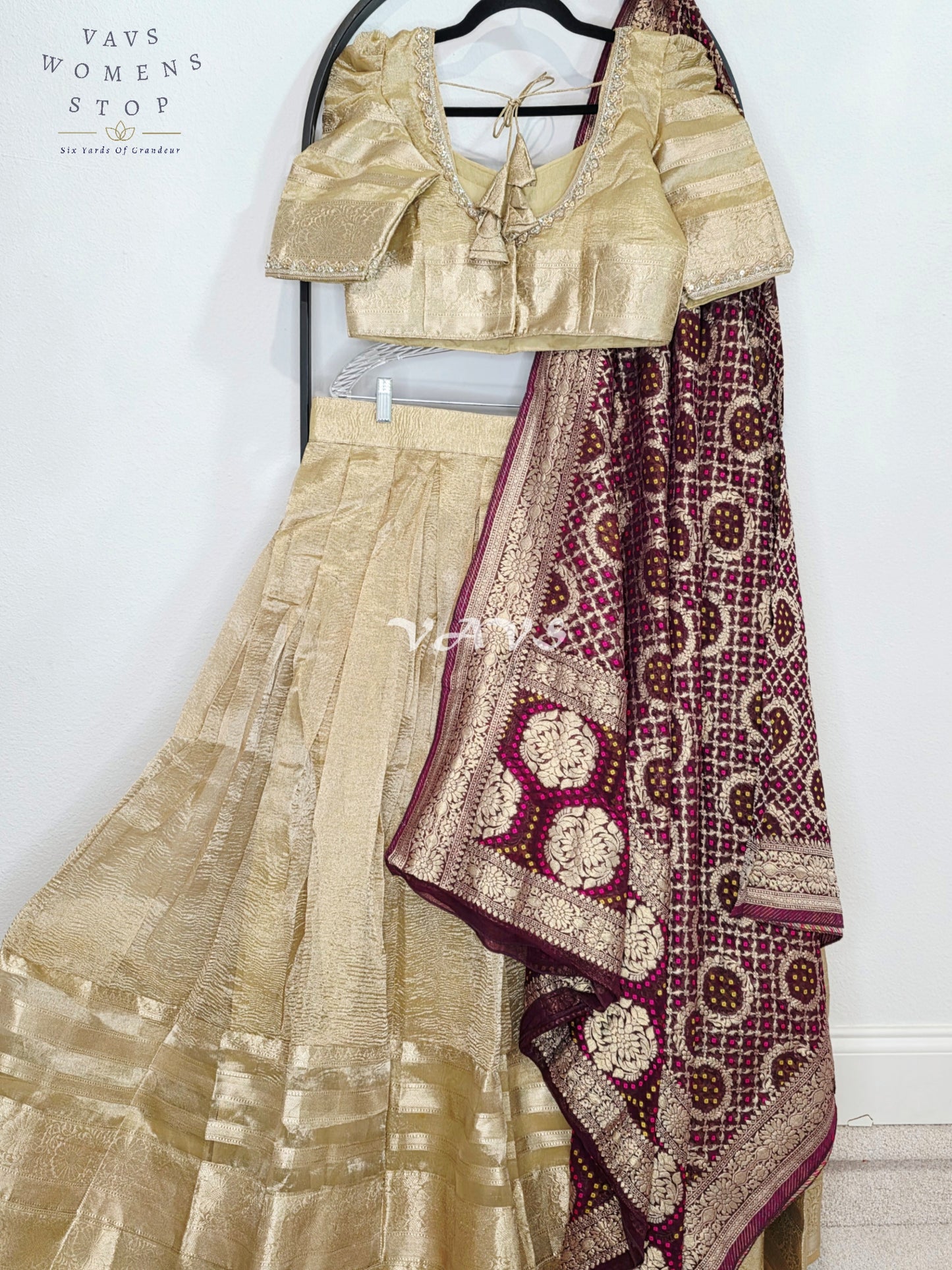 Royal Champagne Gold Tissue Banarasi Lehenga Set with Wine Bandhani Georgette Designer Dupatta