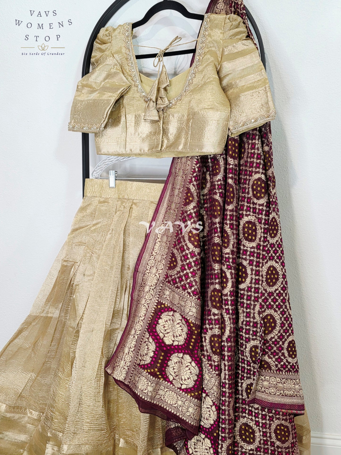 Royal Champagne Gold Tissue Banarasi Lehenga Set with Wine Bandhani Georgette Designer Dupatta