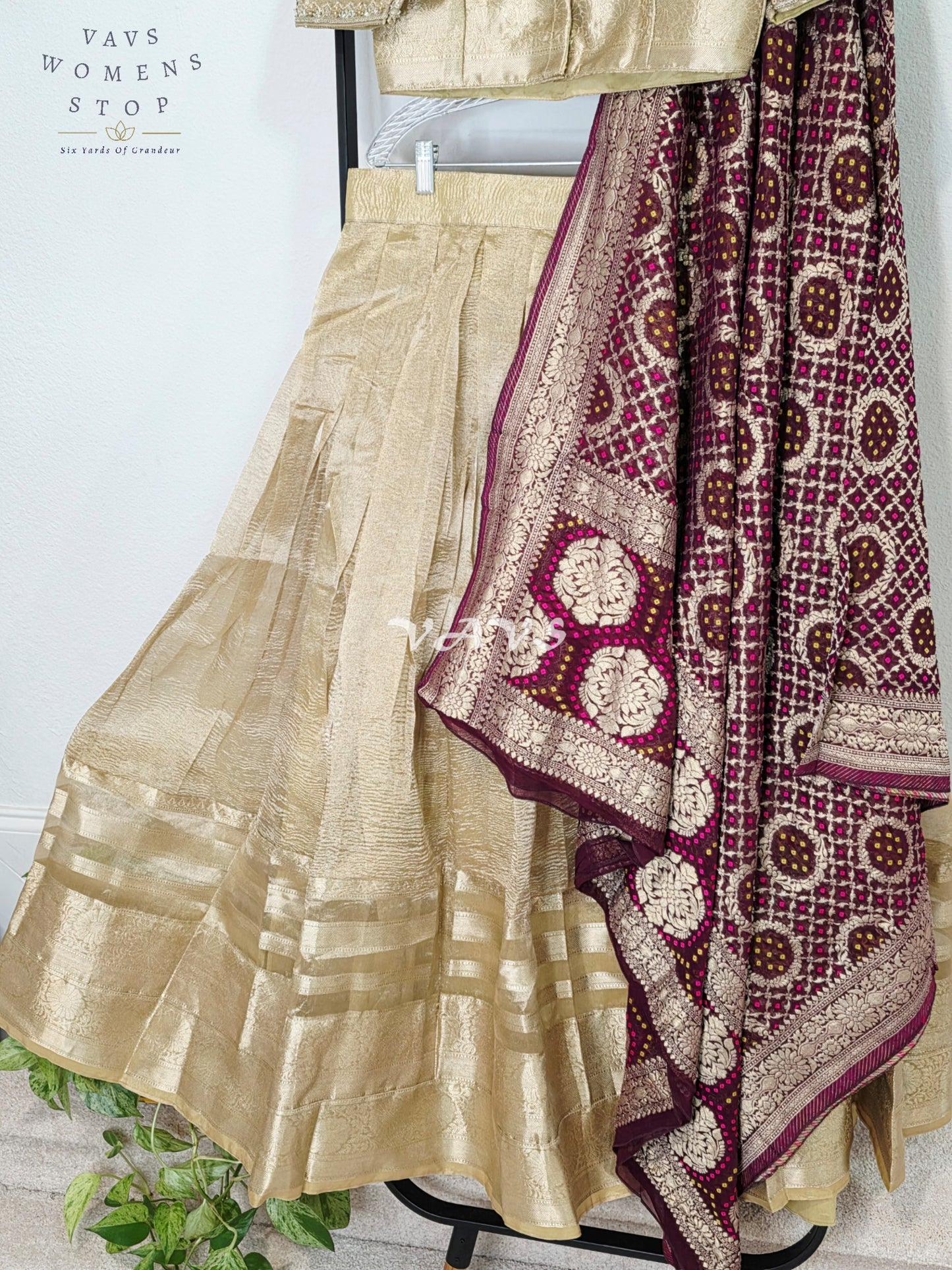 Royal Champagne Gold Tissue Banarasi Lehenga Set with Wine Bandhani Georgette Designer Dupatta
