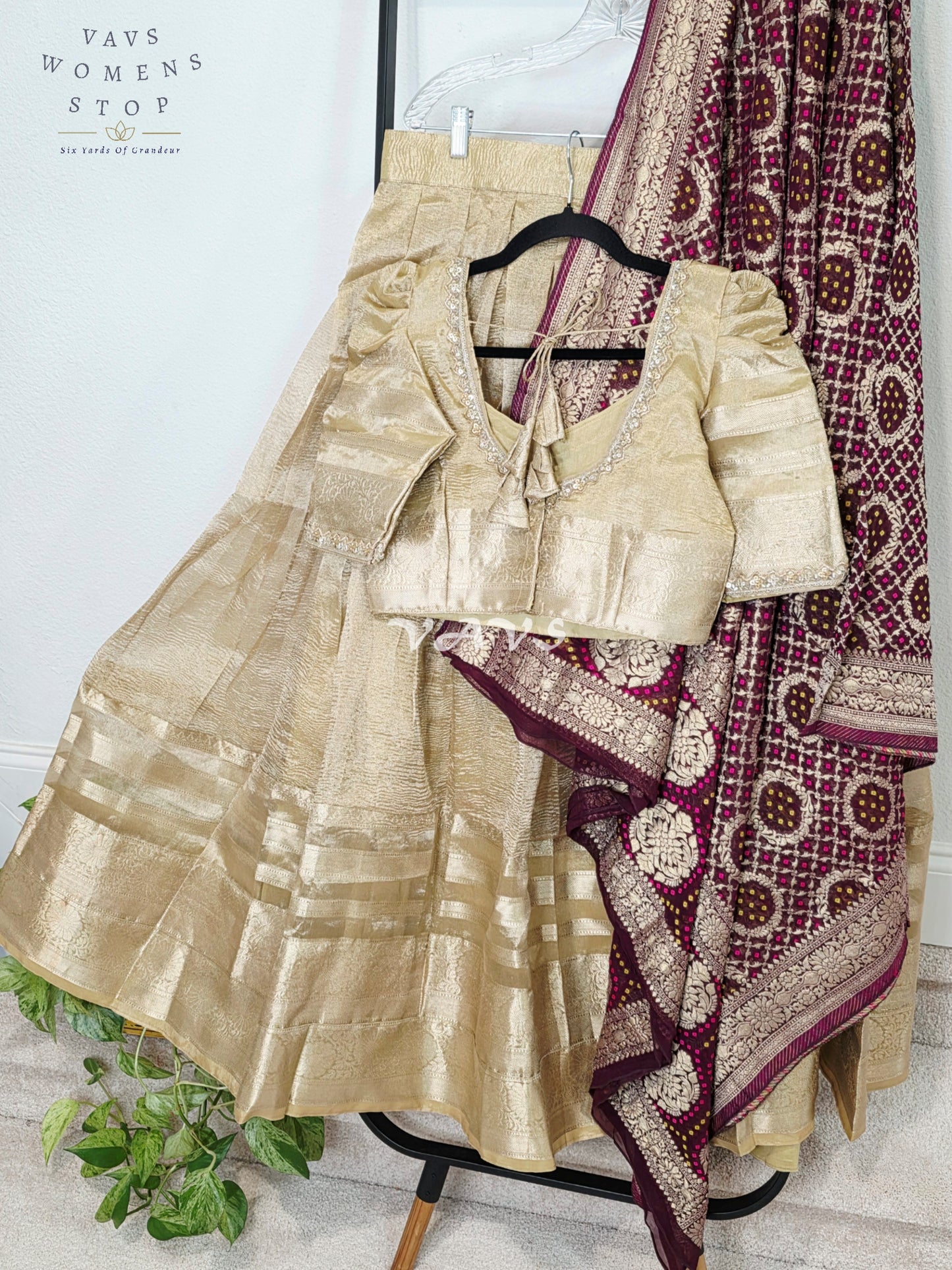 Royal Champagne Gold Tissue Banarasi Lehenga Set with Wine Bandhani Georgette Designer Dupatta
