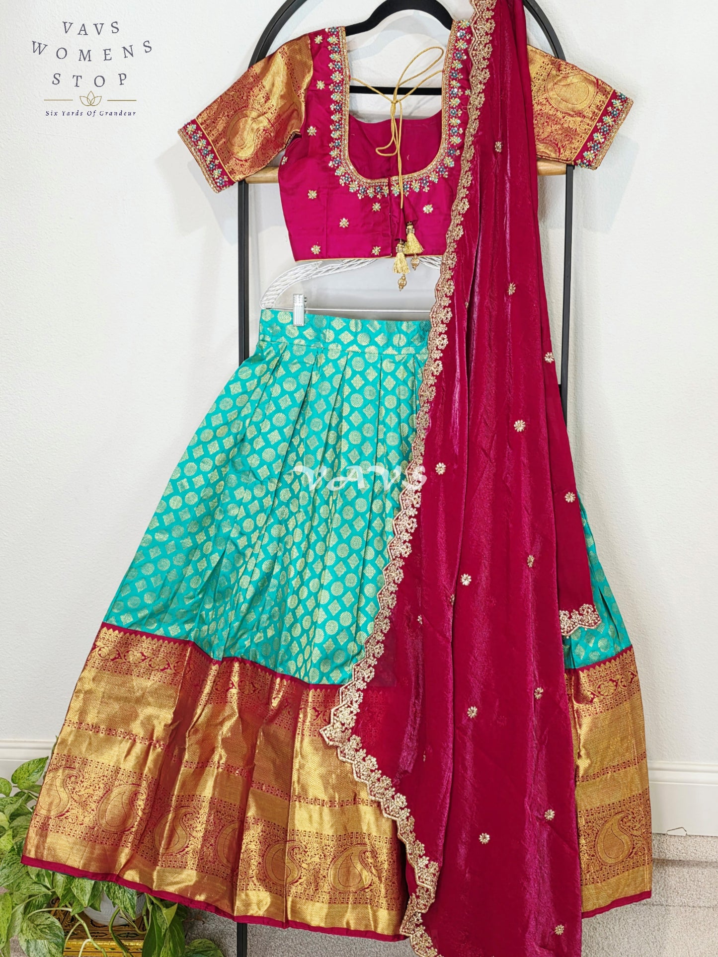 Royal Sea Green Pure Kanchi Pattu Half Saree Lehenga Set with Vintage Wine Maroon Space Silk Dupatta