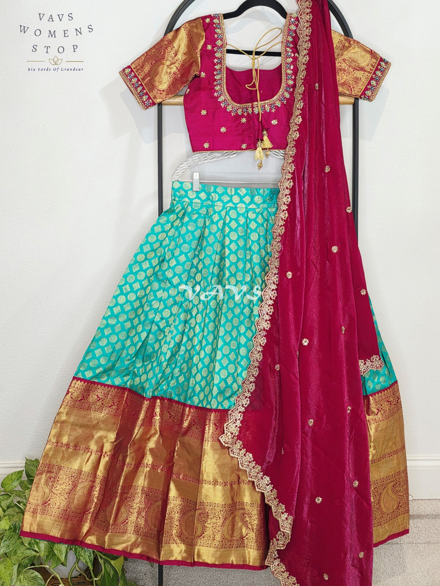 Royal Sea Green Pure Kanchi Pattu Half Saree Lehenga Set with Vintage Wine Maroon Space Silk Dupatta
