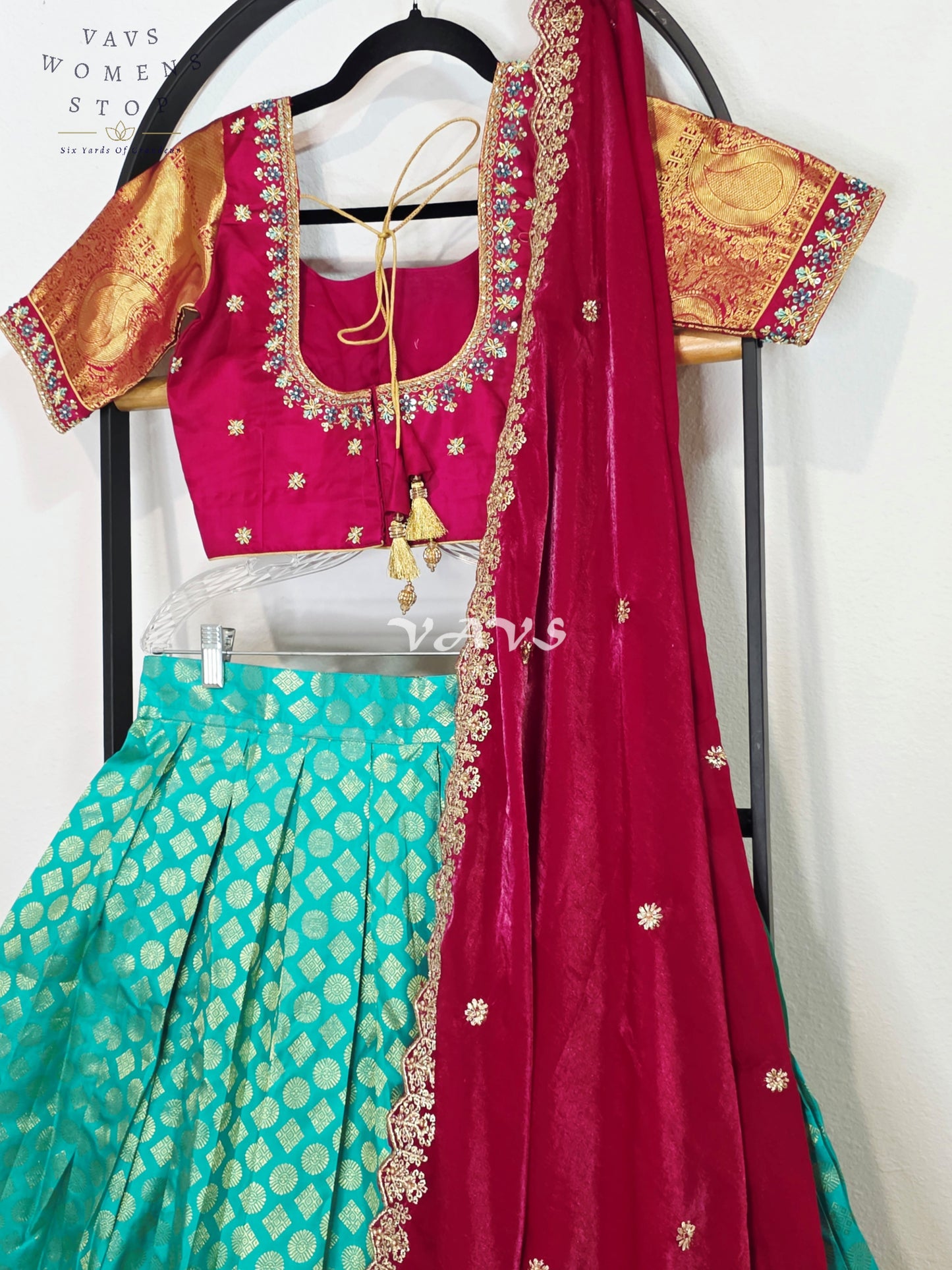 Royal Sea Green Pure Kanchi Pattu Half Saree Lehenga Set with Vintage Wine Maroon Space Silk Dupatta