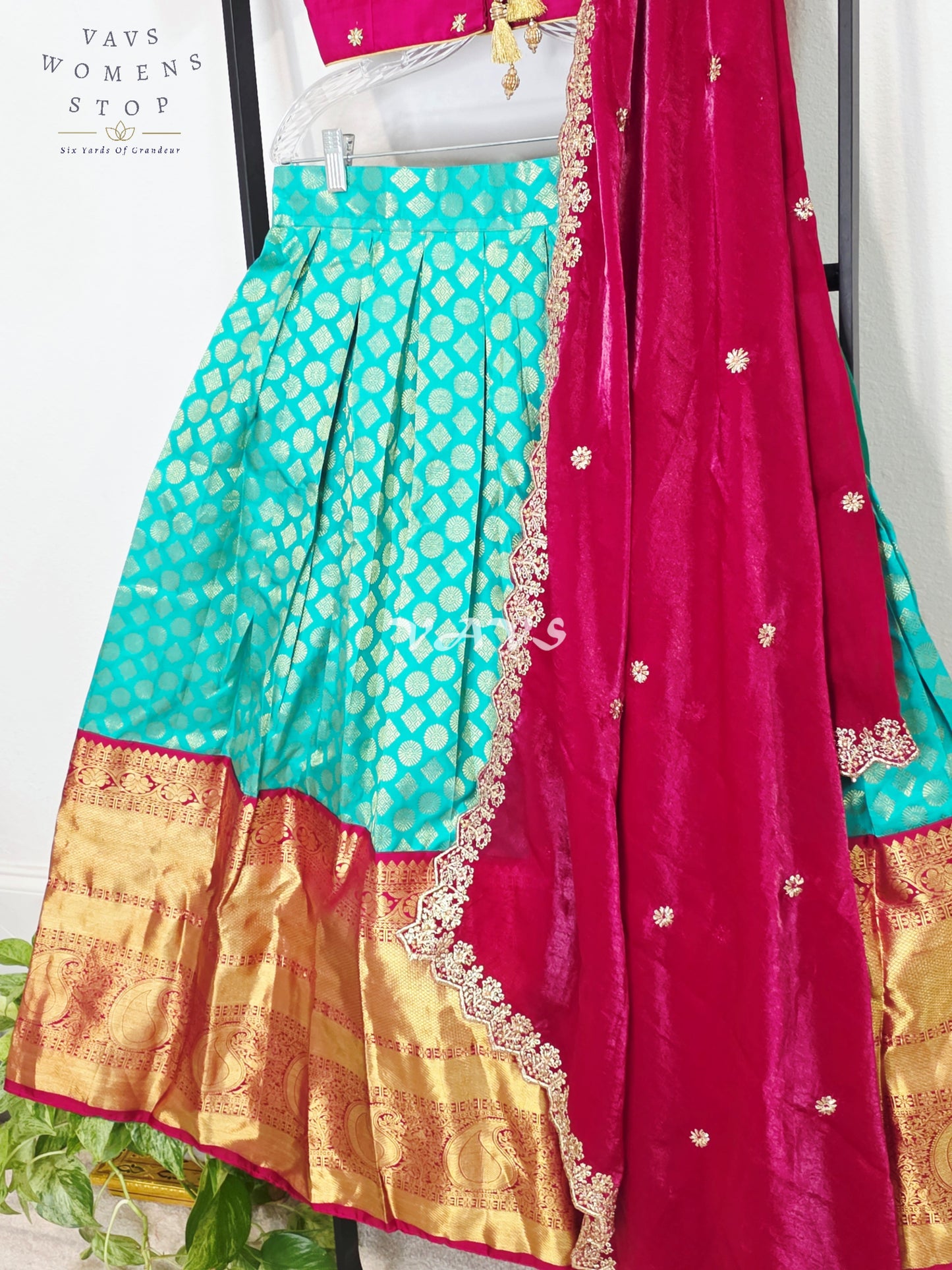 Royal Sea Green Pure Kanchi Pattu Half Saree Lehenga Set with Vintage Wine Maroon Space Silk Dupatta