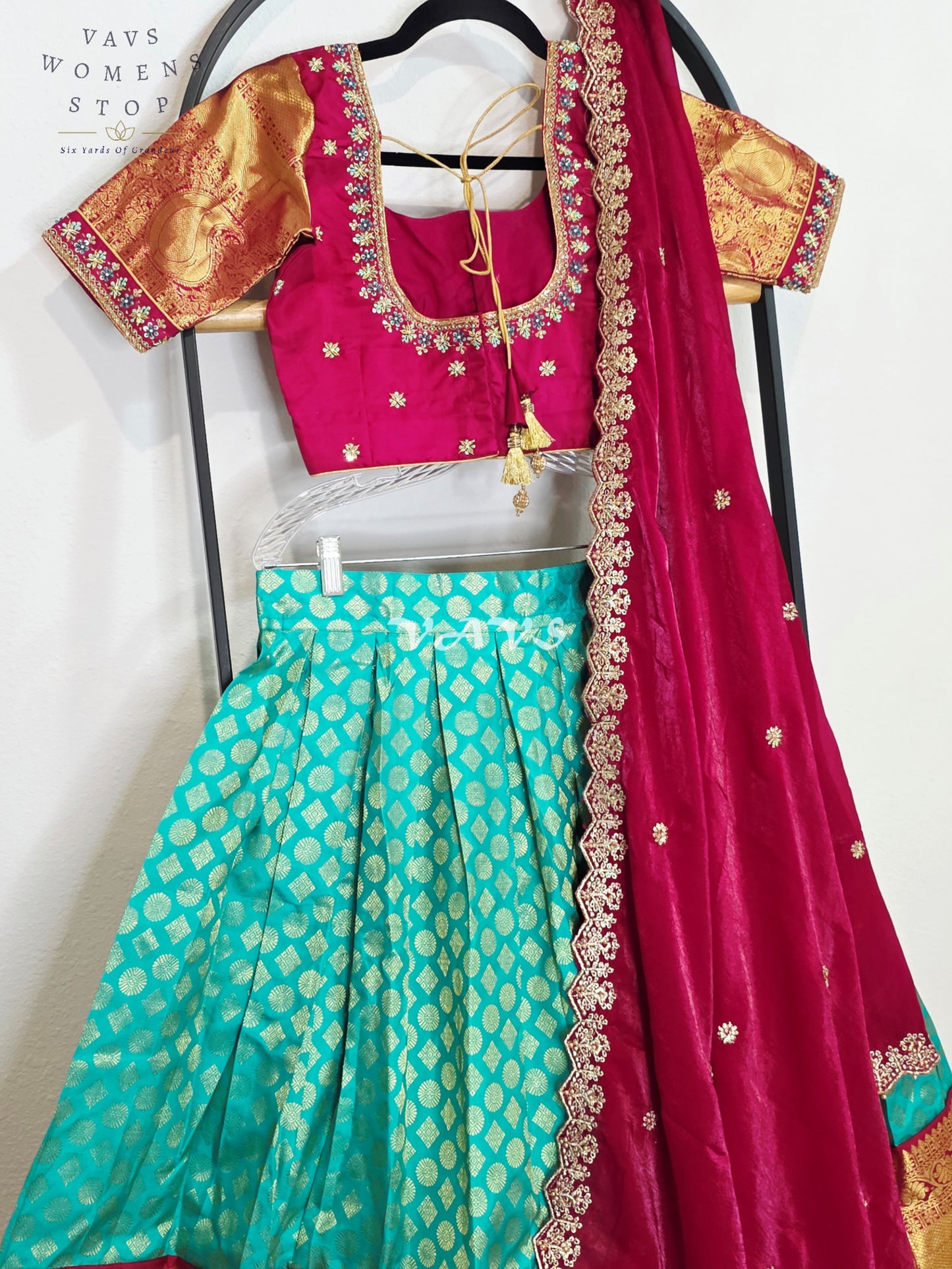 Royal Sea Green Pure Kanchi Pattu Half Saree Lehenga Set with Vintage Wine Maroon Space Silk Dupatta