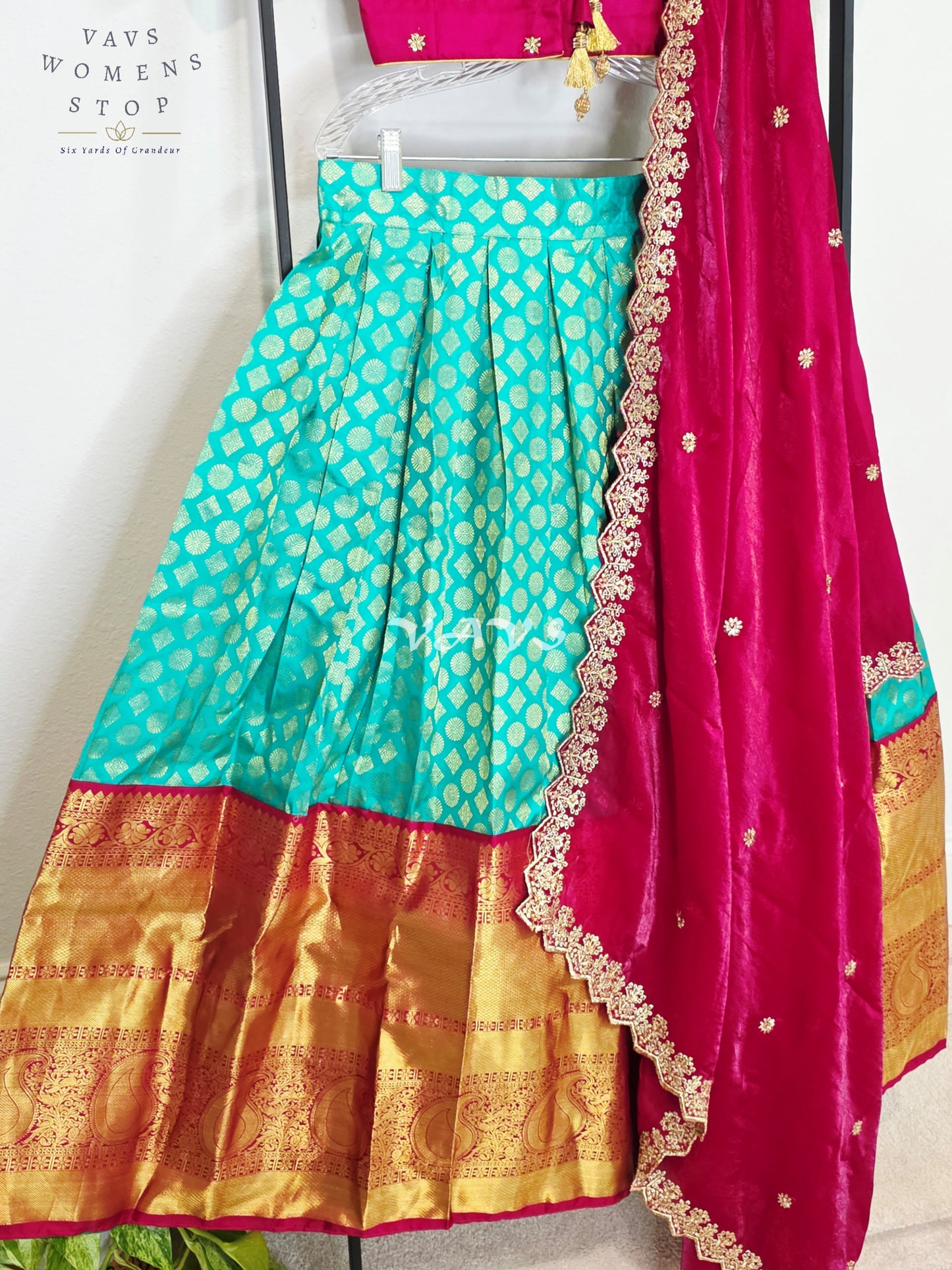 Royal Sea Green Pure Kanchi Pattu Half Saree Lehenga Set with Vintage Wine Maroon Space Silk Dupatta