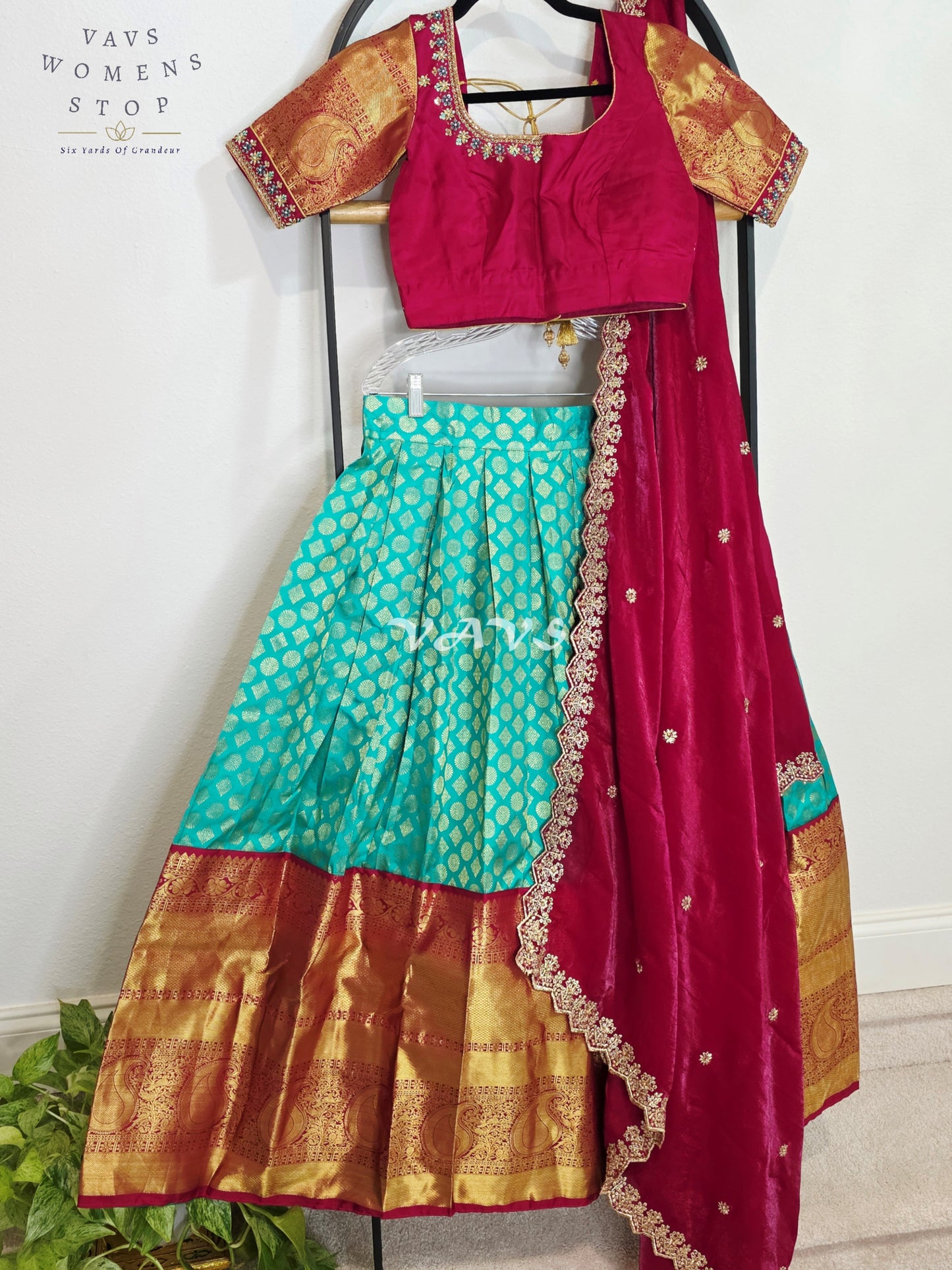 Royal Sea Green Pure Kanchi Pattu Half Saree Lehenga Set with Vintage Wine Maroon Space Silk Dupatta