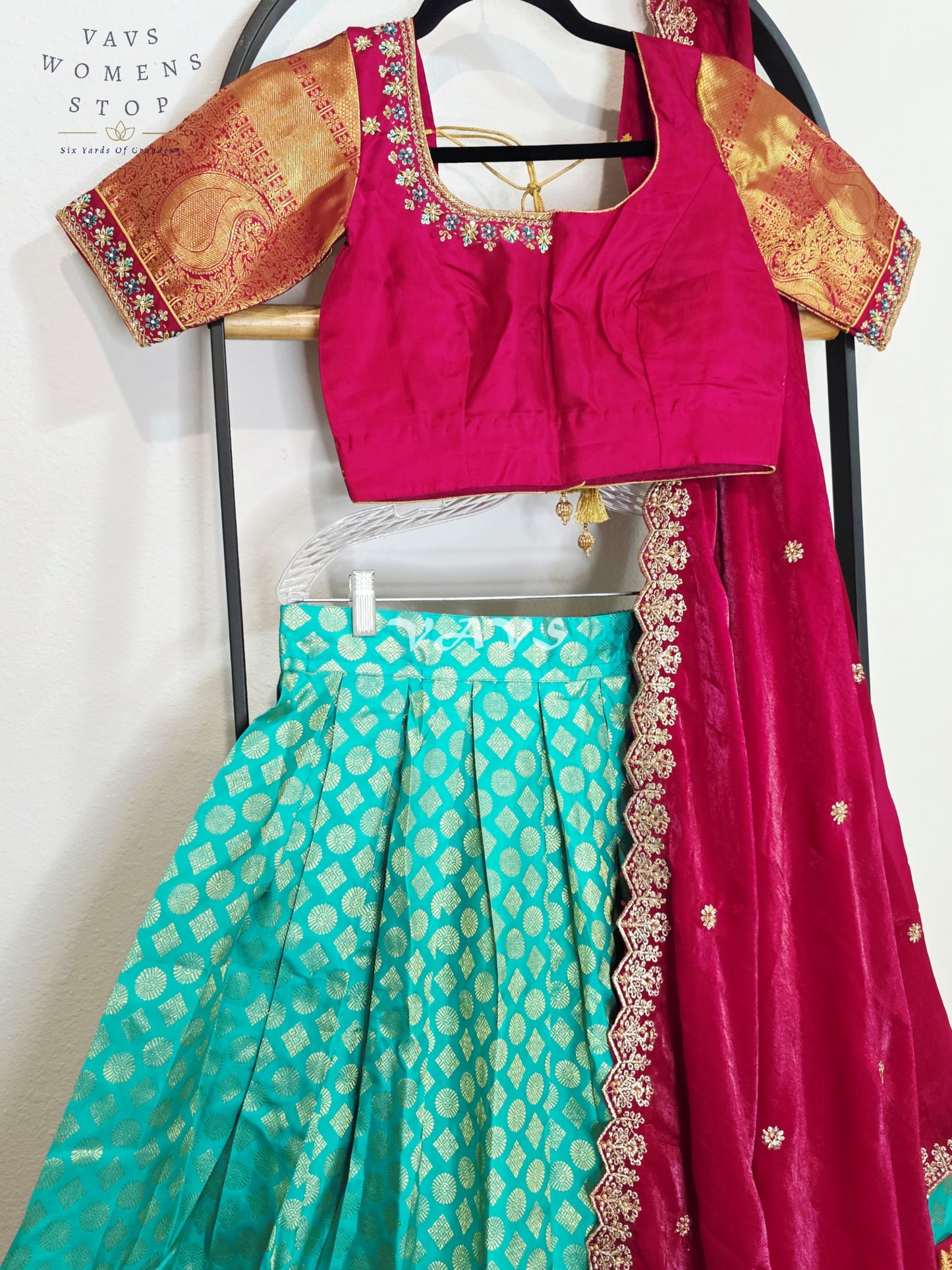 Royal Sea Green Pure Kanchi Pattu Half Saree Lehenga Set with Vintage Wine Maroon Space Silk Dupatta