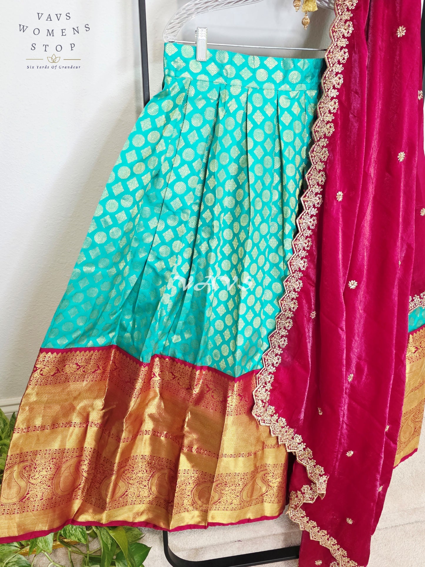 Royal Sea Green Pure Kanchi Pattu Half Saree Lehenga Set with Vintage Wine Maroon Space Silk Dupatta