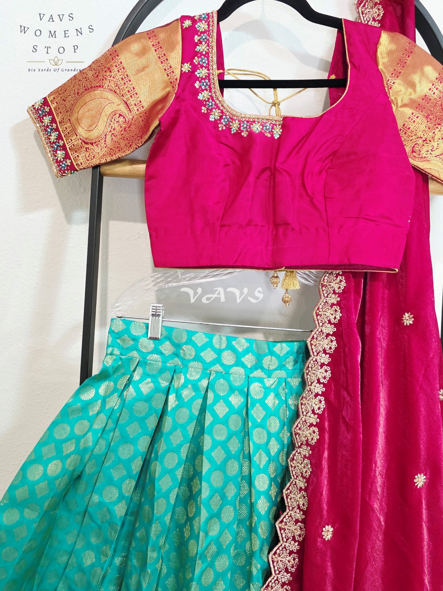 Royal Sea Green Pure Kanchi Pattu Half Saree Lehenga Set with Vintage Wine Maroon Space Silk Dupatta