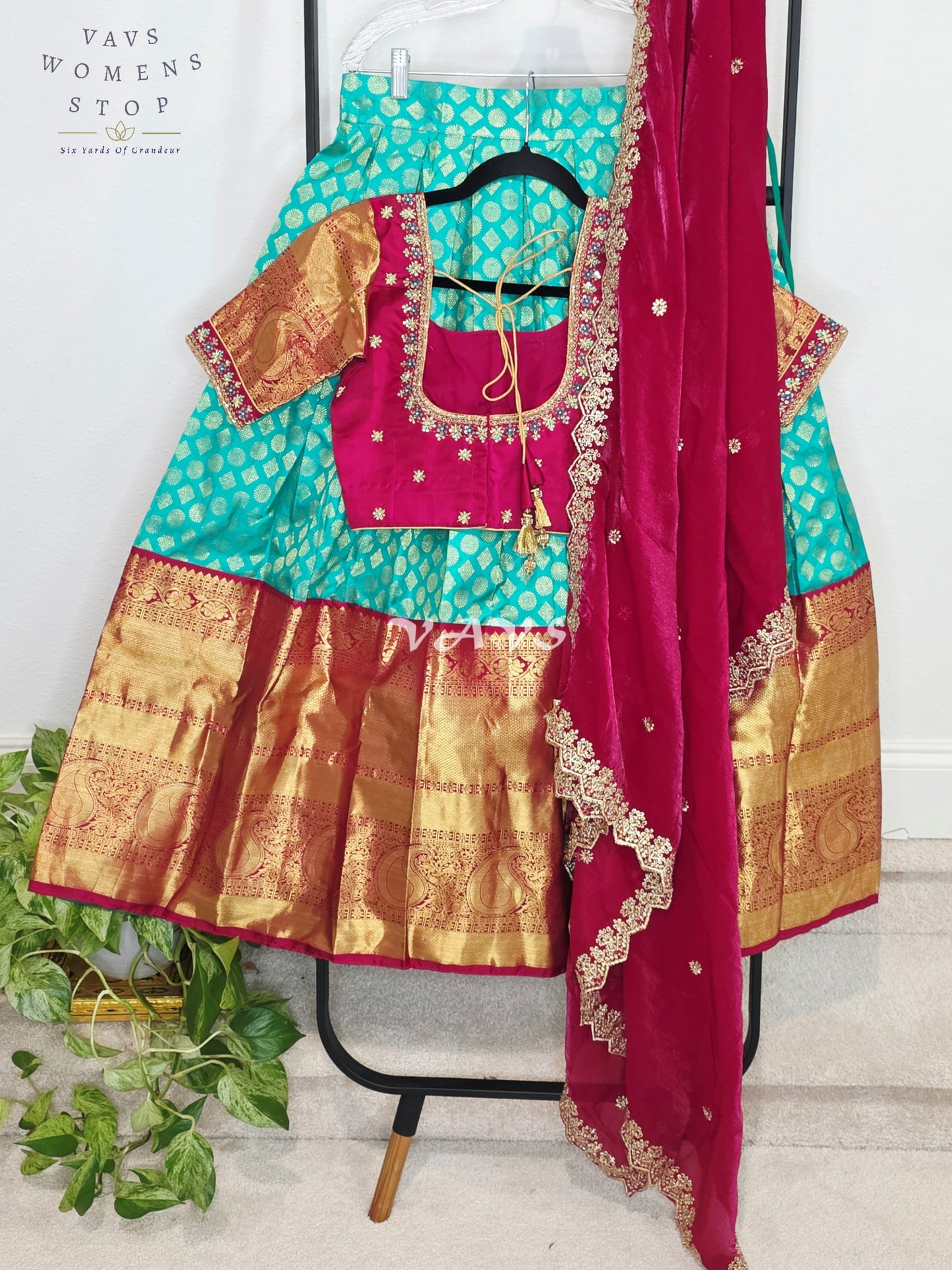 Royal Sea Green Pure Kanchi Pattu Half Saree Lehenga Set with Vintage Wine Maroon Space Silk Dupatta