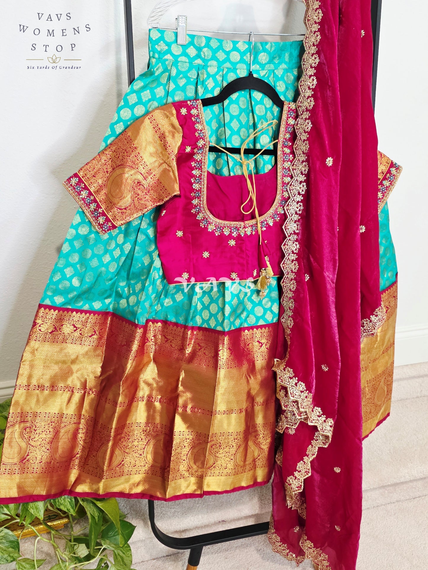 Royal Sea Green Pure Kanchi Pattu Half Saree Lehenga Set with Vintage Wine Maroon Space Silk Dupatta