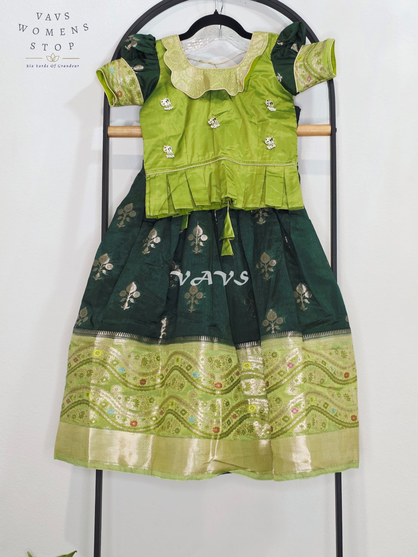 Royal Mango Lime & Emerald Forest Banarasi Silk Girls Lehenga Set | Traditional Pavadai | Royal Mango Lime & Emerald Forest Banarasi Silk Girls Lehenga Set | Traditional Pavadai | Ages 4–5 Years
