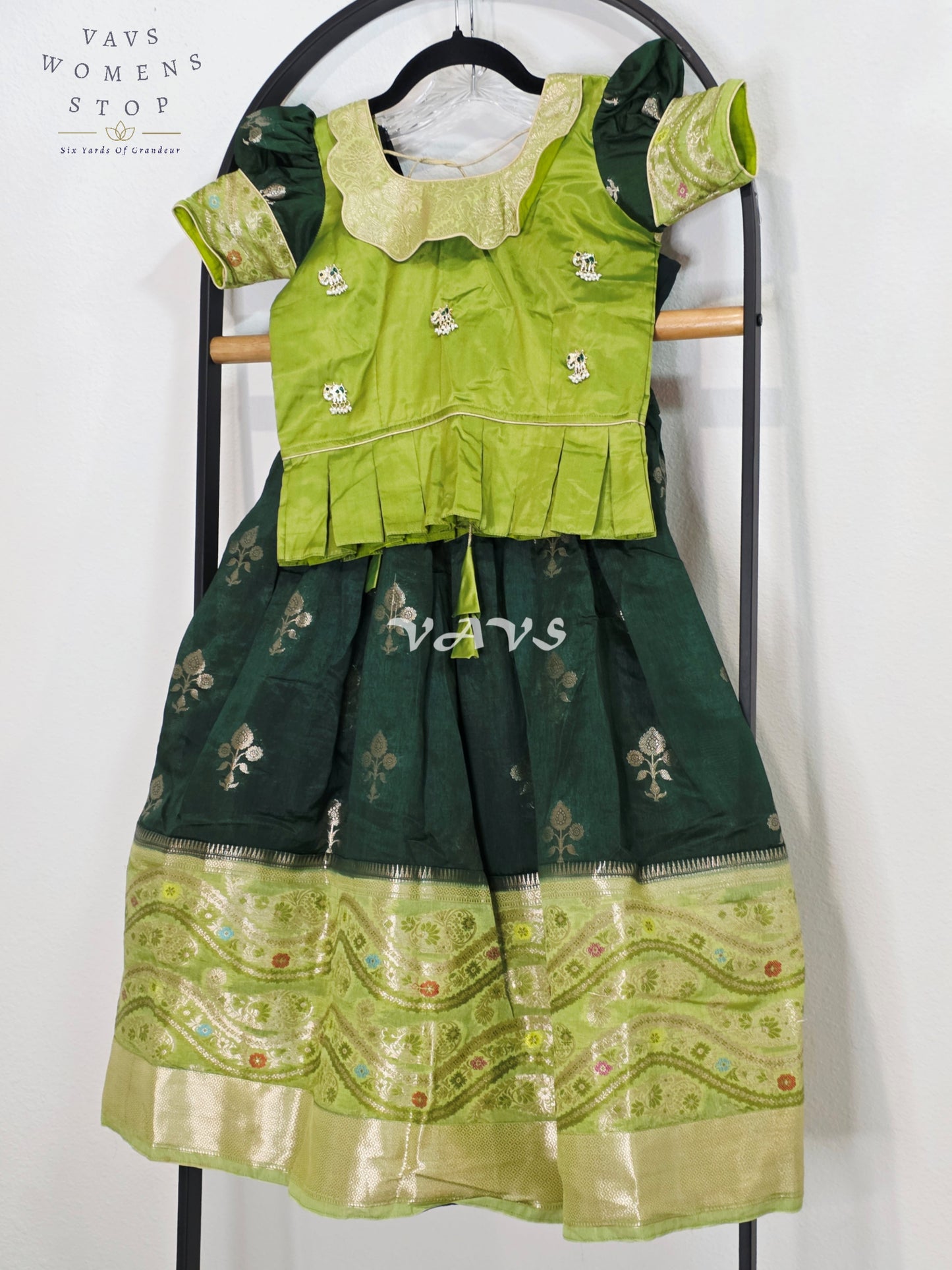Royal Mango Lime & Emerald Forest Banarasi Silk Girls Lehenga Set | Traditional Pavadai | Royal Mango Lime & Emerald Forest Banarasi Silk Girls Lehenga Set | Traditional Pavadai | Ages 4–5 Years