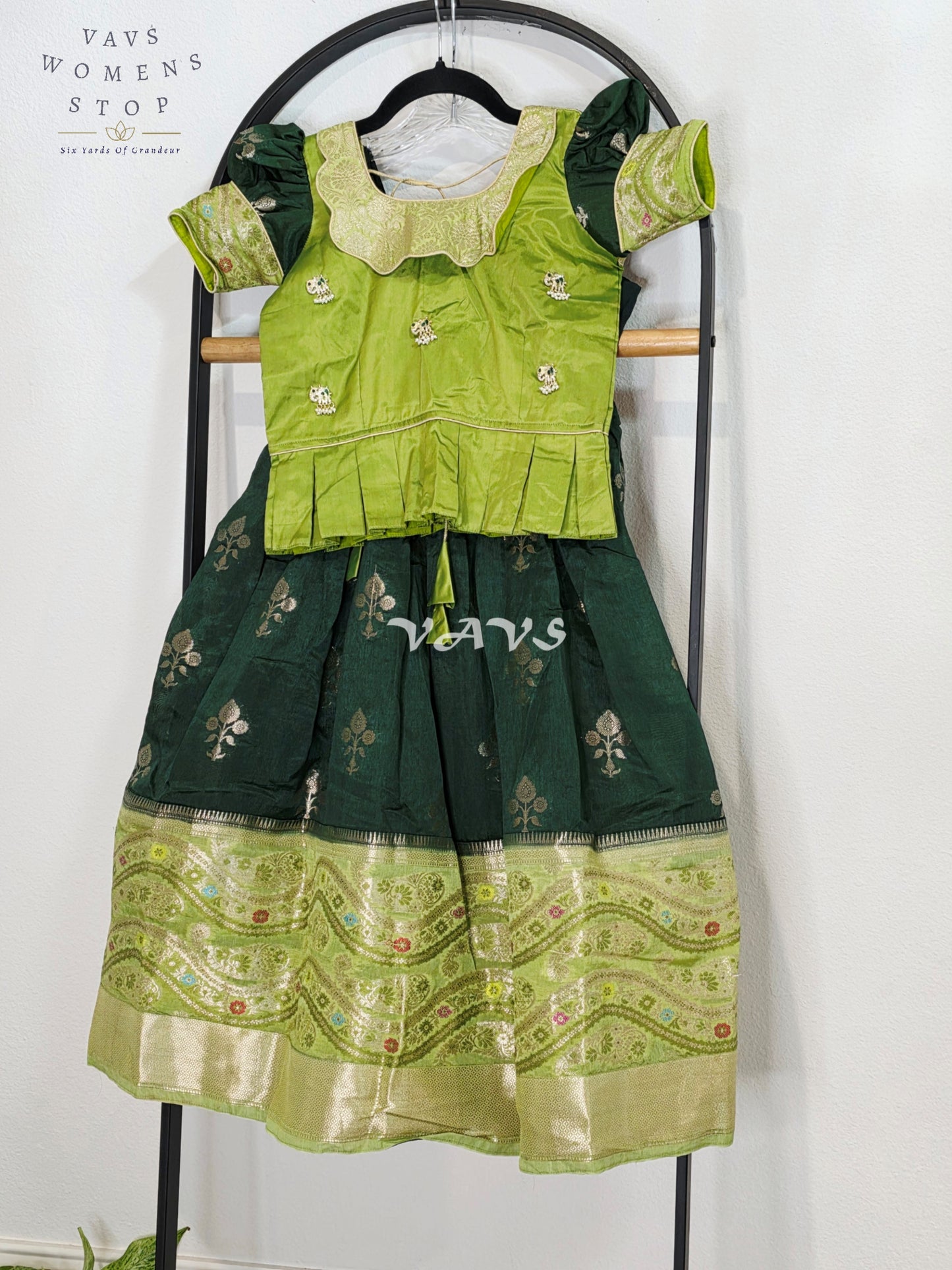Royal Mango Lime & Emerald Forest Banarasi Silk Girls Lehenga Set | Traditional Pavadai | Royal Mango Lime & Emerald Forest Banarasi Silk Girls Lehenga Set | Traditional Pavadai | Ages 4–5 Years