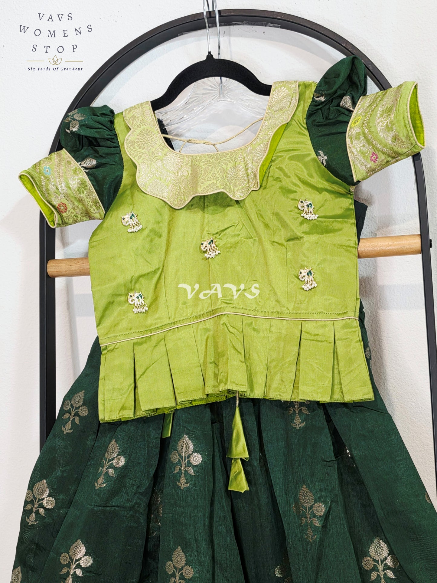 Royal Mango Lime & Emerald Forest Banarasi Silk Girls Lehenga Set | Traditional Pavadai | Royal Mango Lime & Emerald Forest Banarasi Silk Girls Lehenga Set | Traditional Pavadai | Ages 4–5 Years
