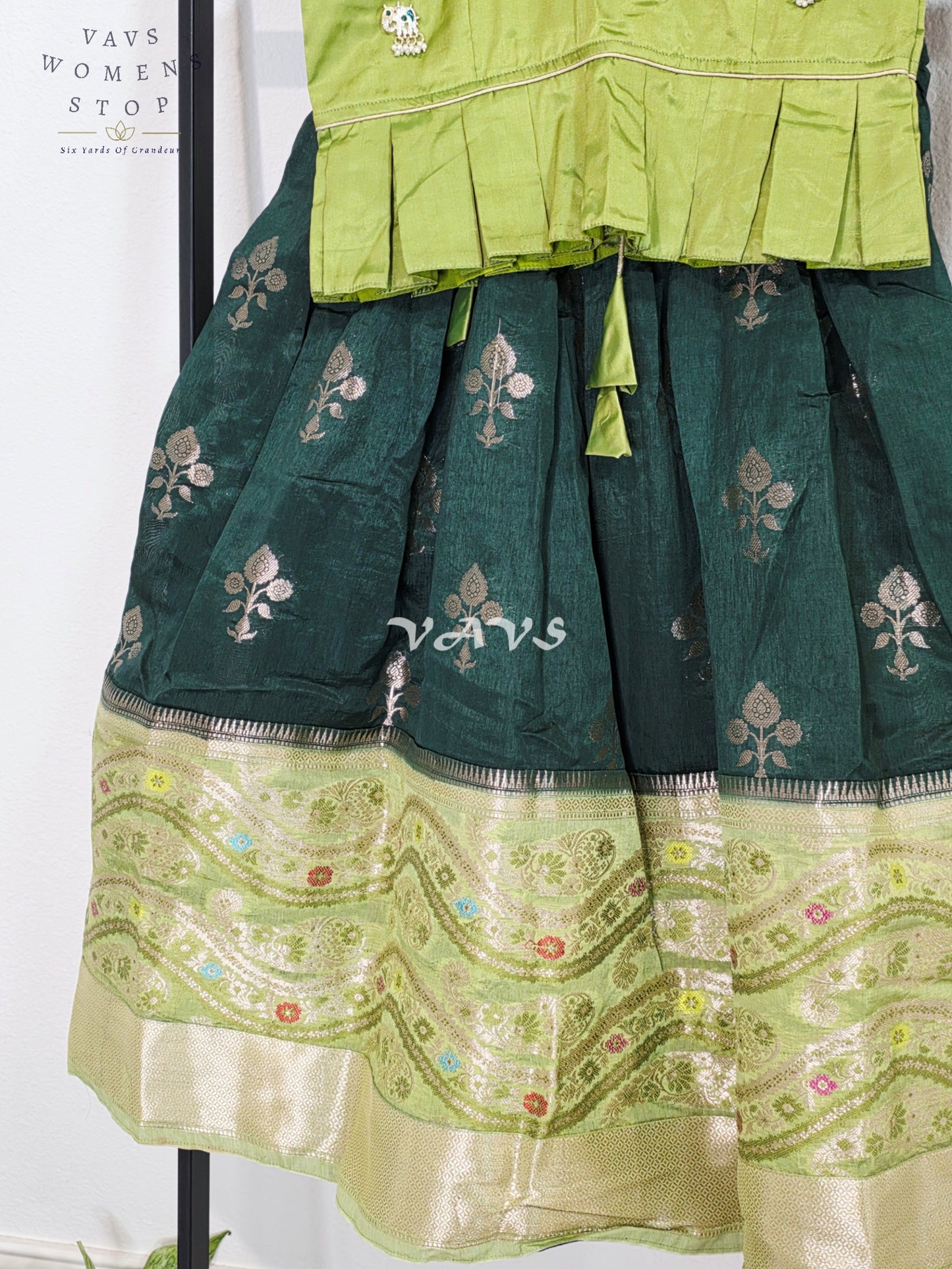 Royal Mango Lime & Emerald Forest Banarasi Silk Girls Lehenga Set | Traditional Pavadai | Royal Mango Lime & Emerald Forest Banarasi Silk Girls Lehenga Set | Traditional Pavadai | Ages 4–5 Years