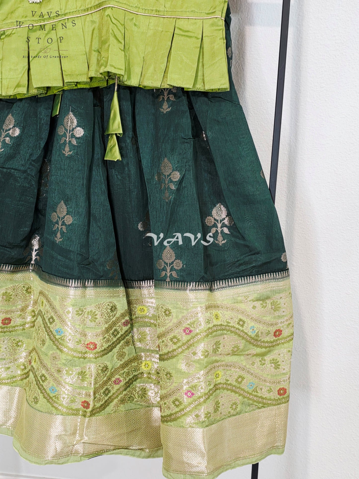 Royal Mango Lime & Emerald Forest Banarasi Silk Girls Lehenga Set | Traditional Pavadai | Royal Mango Lime & Emerald Forest Banarasi Silk Girls Lehenga Set | Traditional Pavadai | Ages 4–5 Years