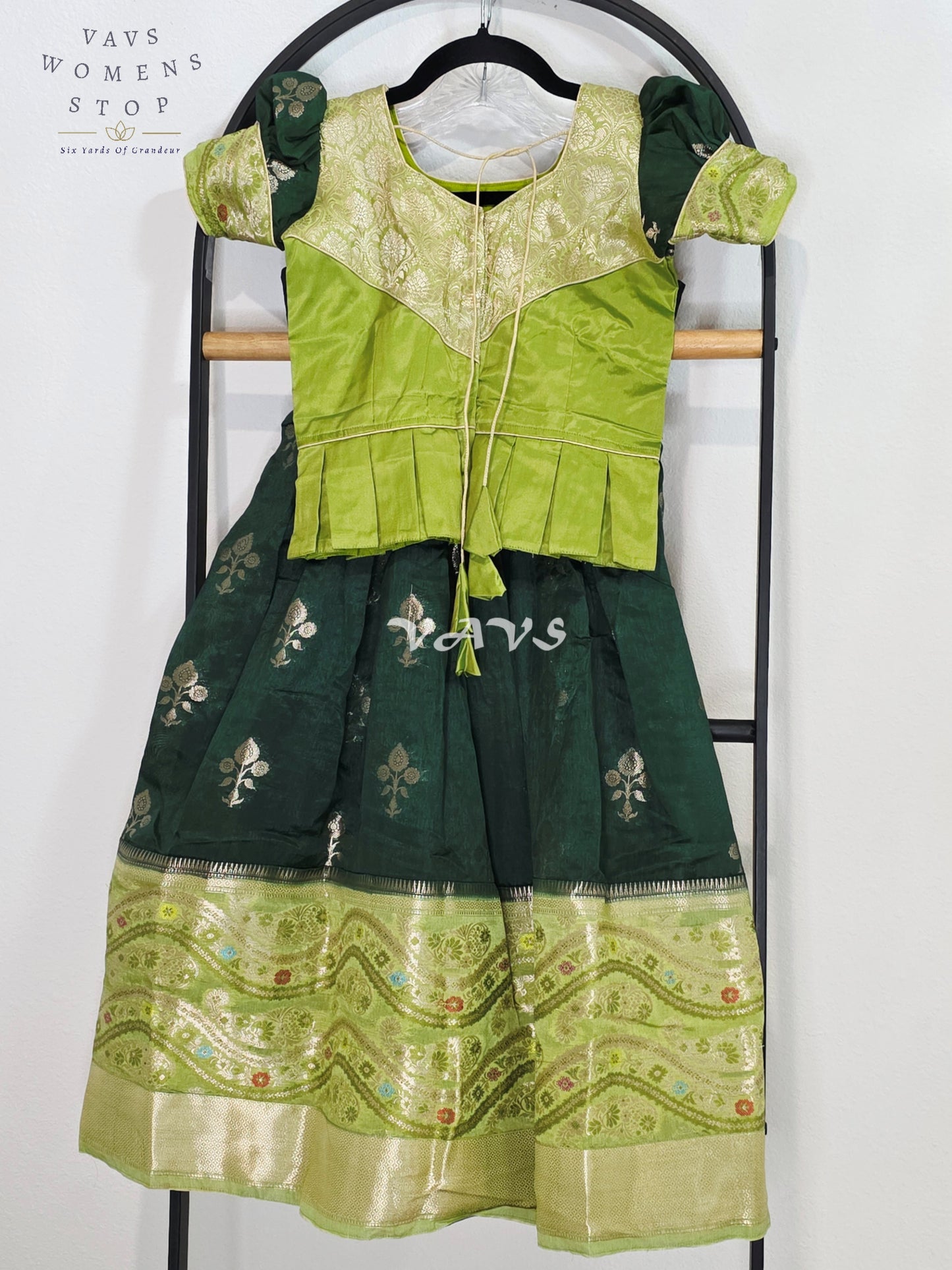 Royal Mango Lime & Emerald Forest Banarasi Silk Girls Lehenga Set | Traditional Pavadai | Royal Mango Lime & Emerald Forest Banarasi Silk Girls Lehenga Set | Traditional Pavadai | Ages 4–5 Years