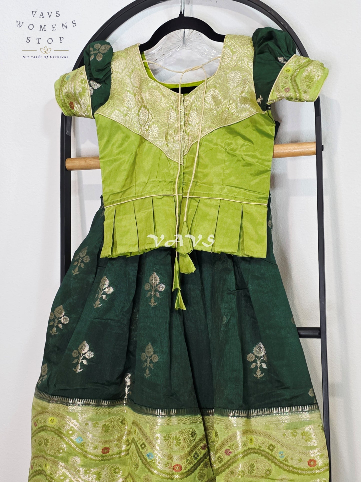 Royal Mango Lime & Emerald Forest Banarasi Silk Girls Lehenga Set | Traditional Pavadai | Royal Mango Lime & Emerald Forest Banarasi Silk Girls Lehenga Set | Traditional Pavadai | Ages 4–5 Years