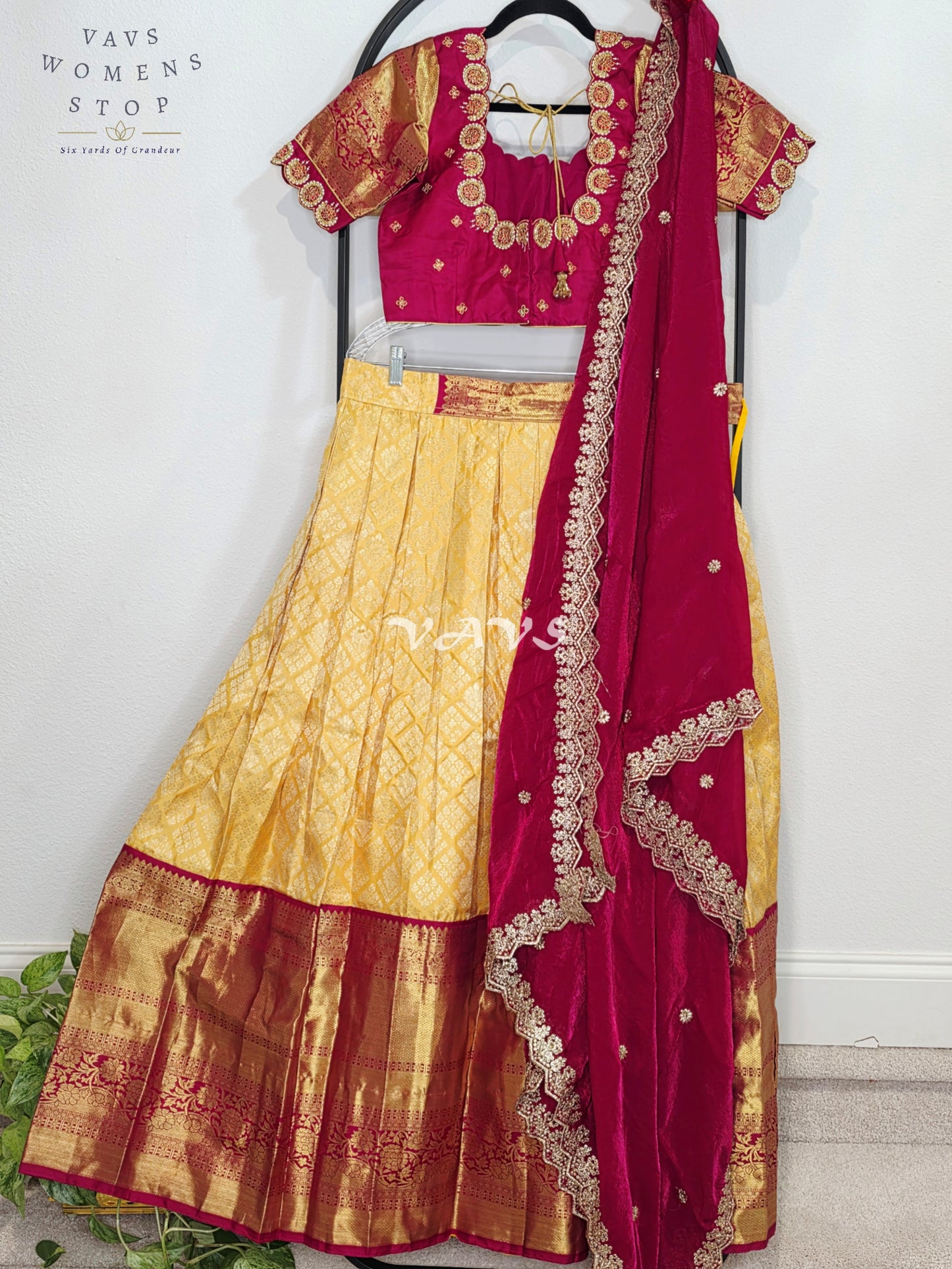 Royal Buttercream Gold Pure Kanchi Pattu Half Saree Lehenga Set with Royal Wine Maroon Space Silk Dupatta
