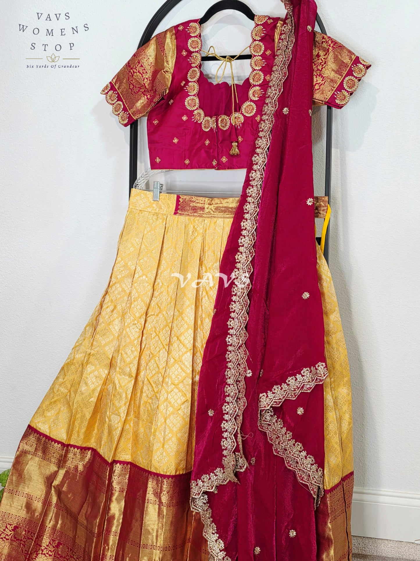 Royal Buttercream Gold Pure Kanchi Pattu Half Saree Lehenga Set with Royal Wine Maroon Space Silk Dupatta